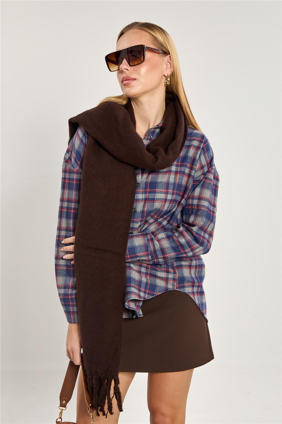 Kadın Ekose Desen Uzun Kol Gömlek - Antrasit/Lacivert 