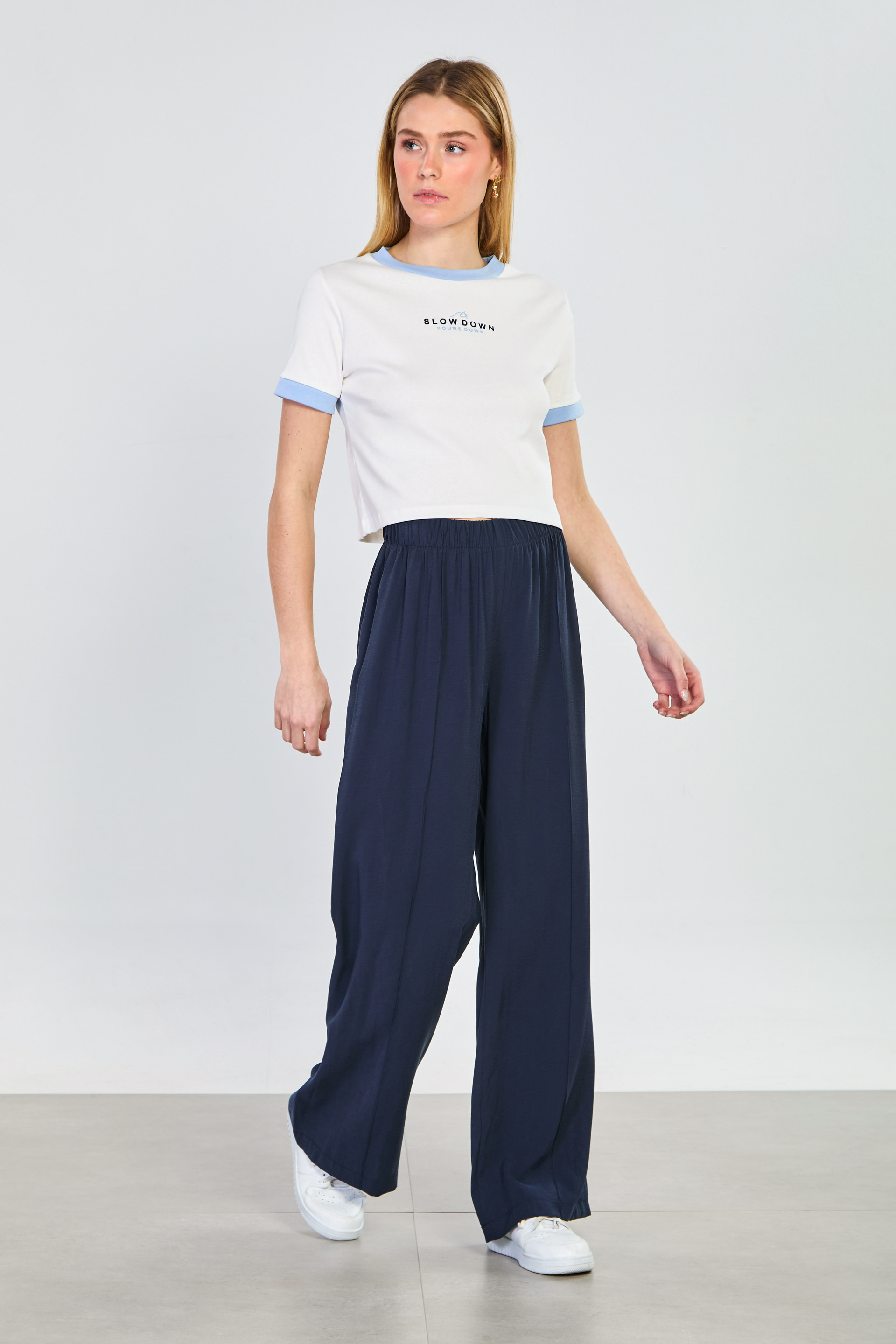 Kadın Önü Çimalı Beli Lastikli Bol Pantolon - İndigo