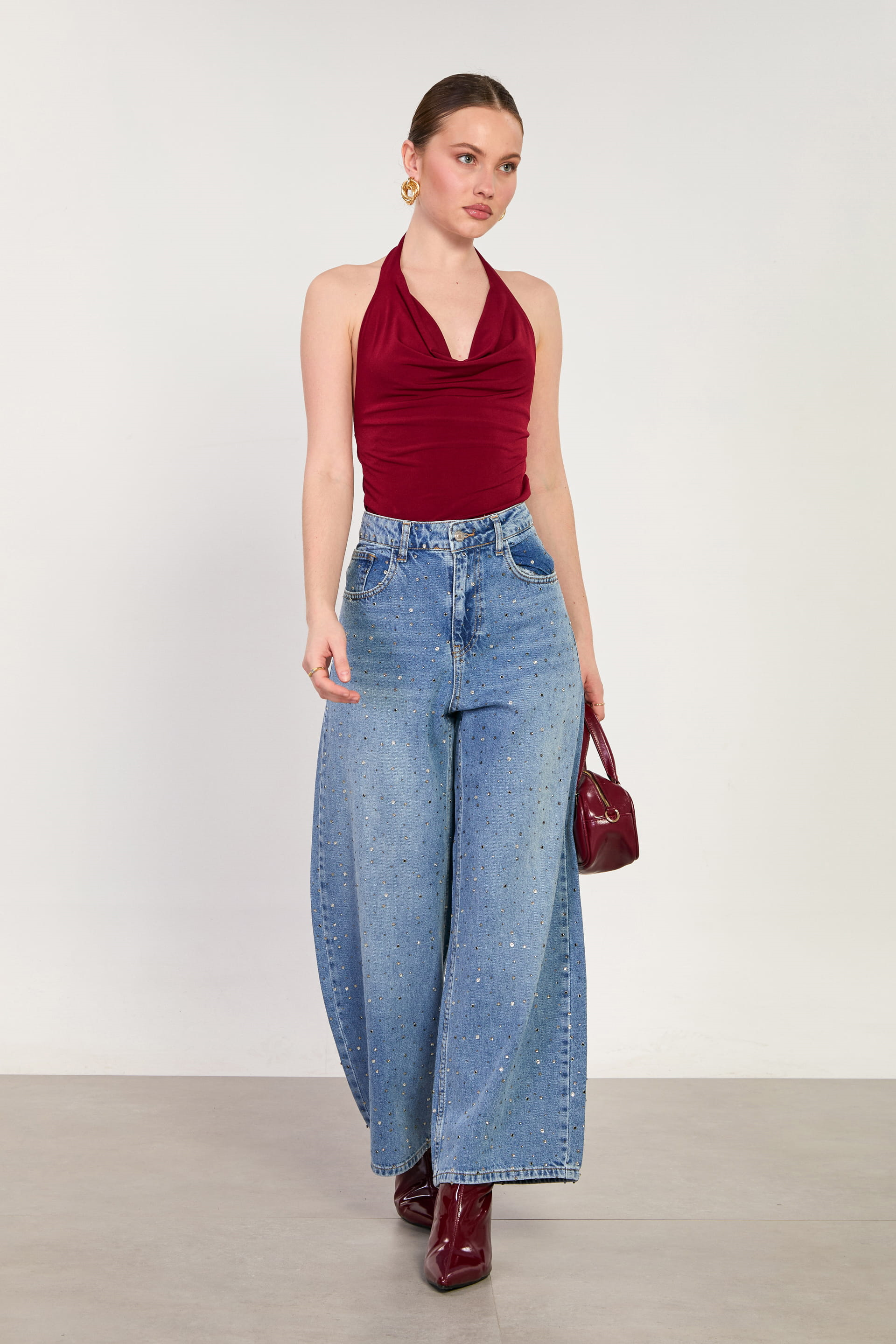 Kadın Ön Arka Taş Baskılı Bol Paça Jean Pantolon - Açık Mavi