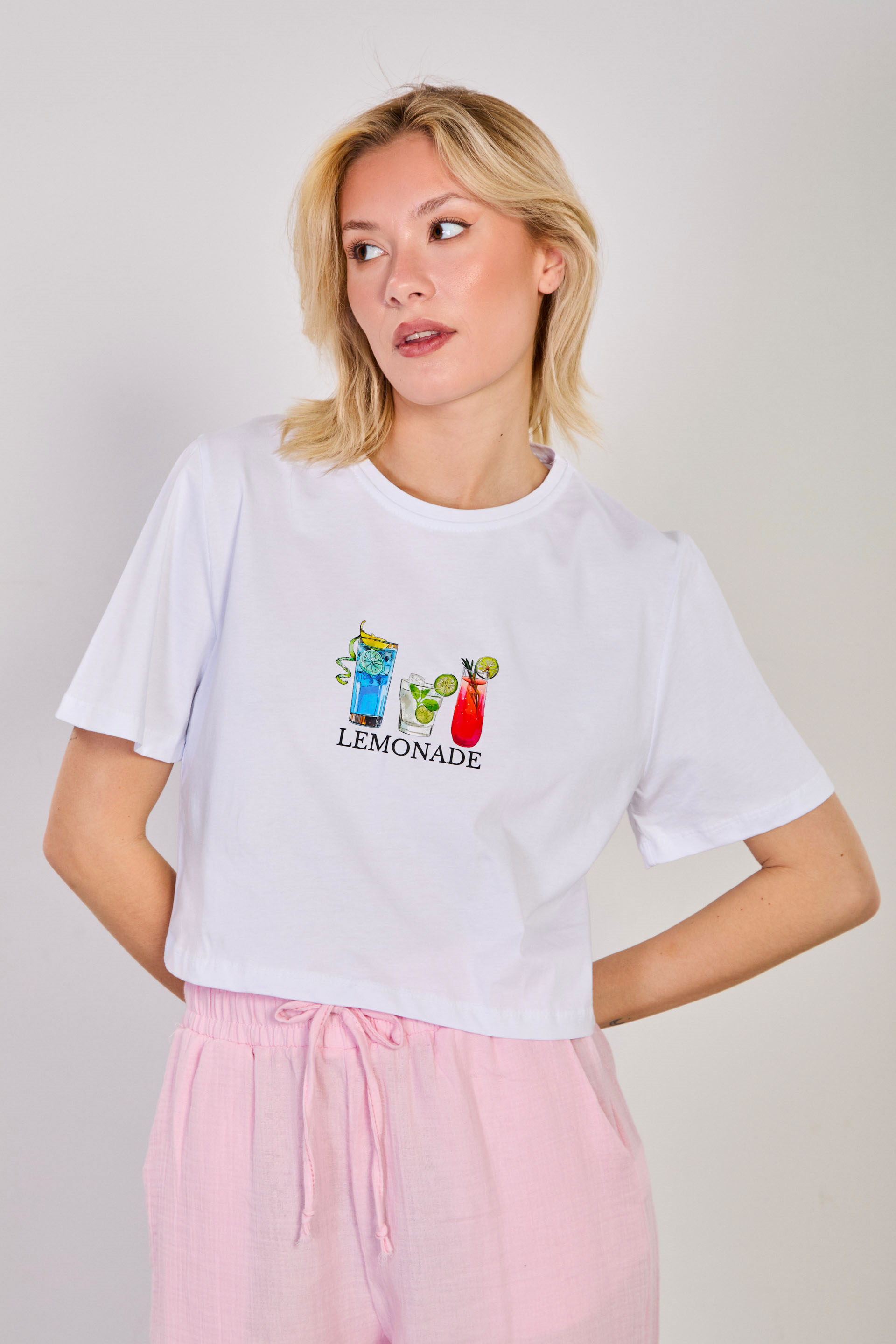 Kadın Lemonade Yazılı Crop T-Shirt - Beyaz