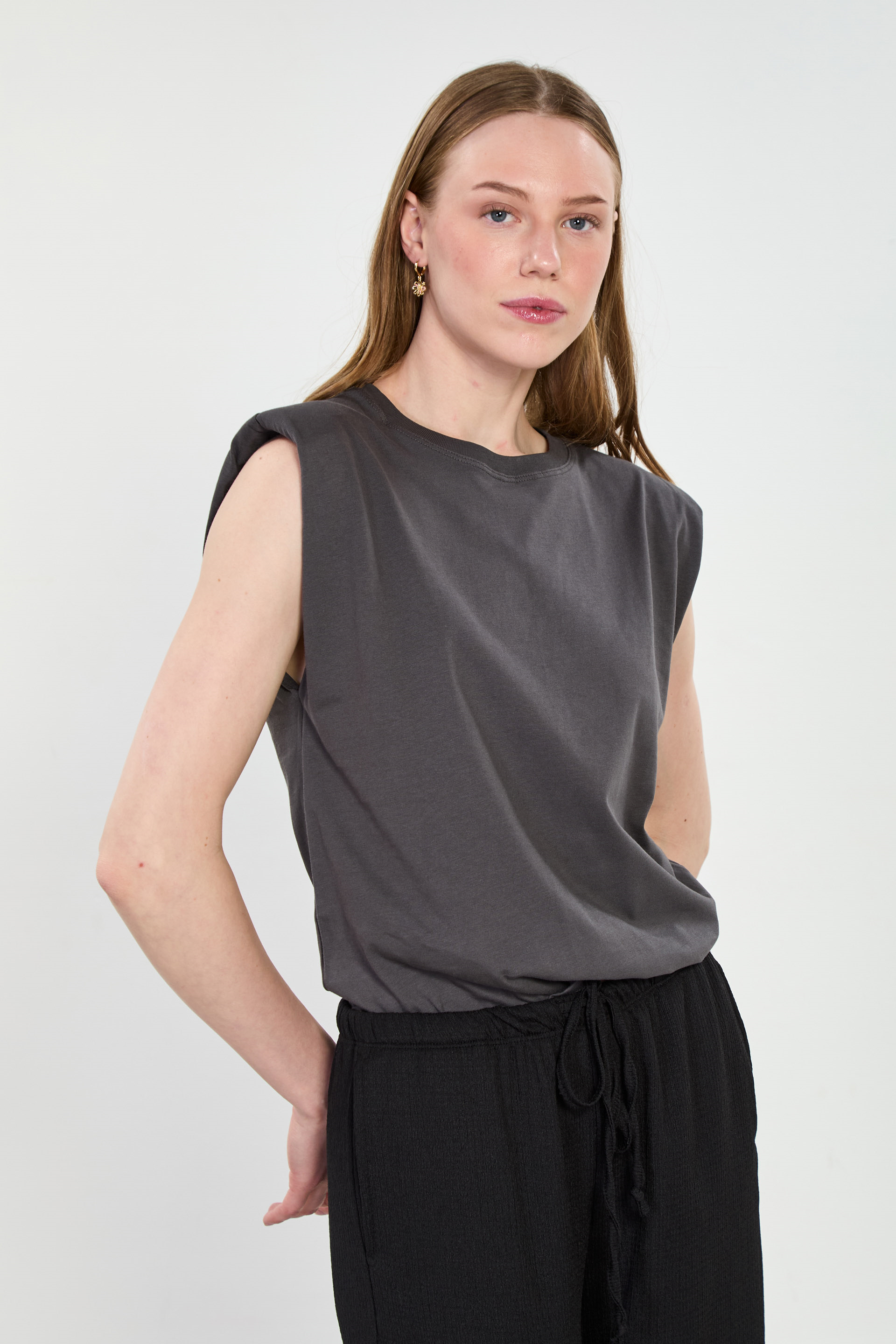 Kadın Vatkalı Kolsuz T-Shirt - Koyu Gri