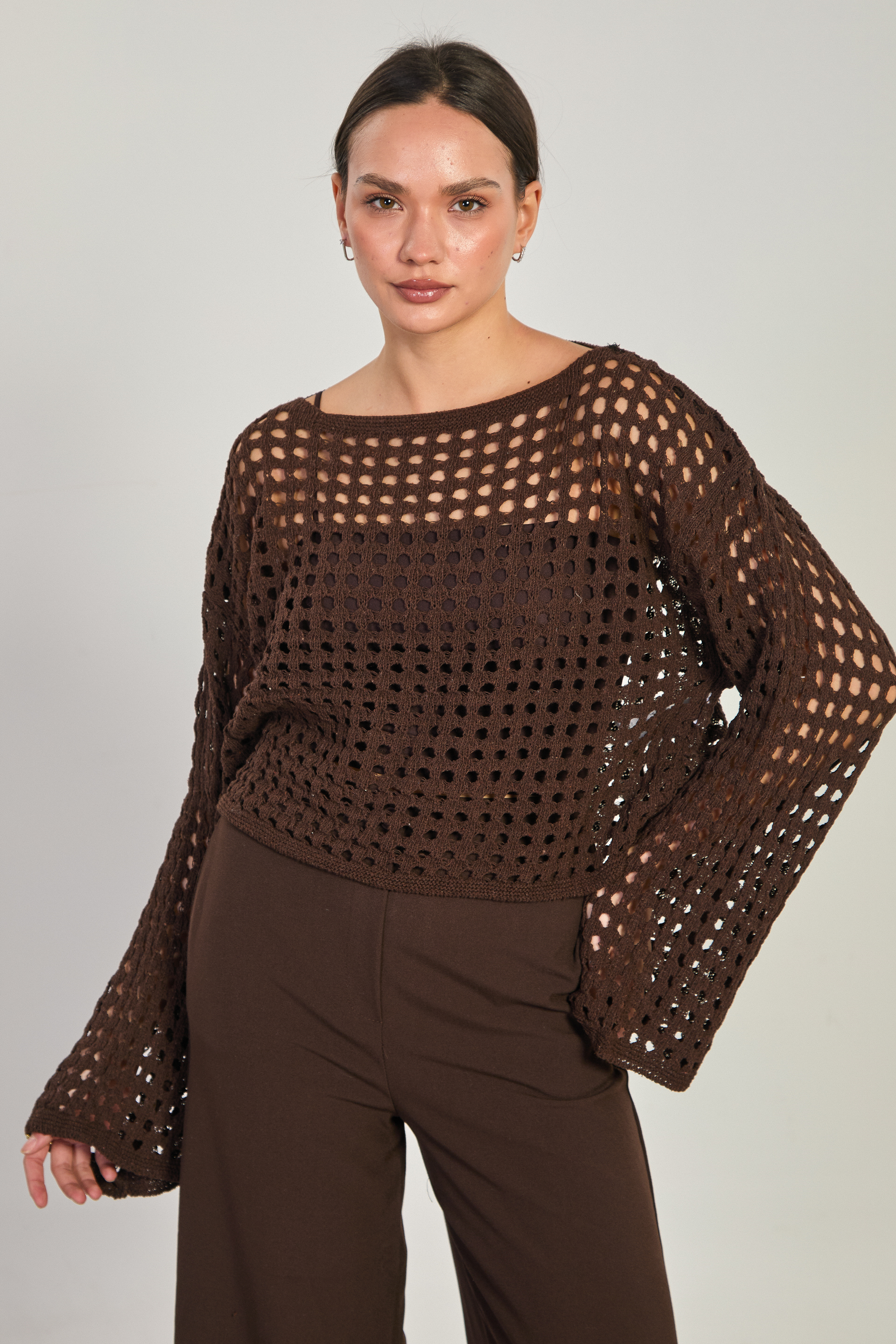 Kadın Ajurlu Crop Kazak - Acı Kahve