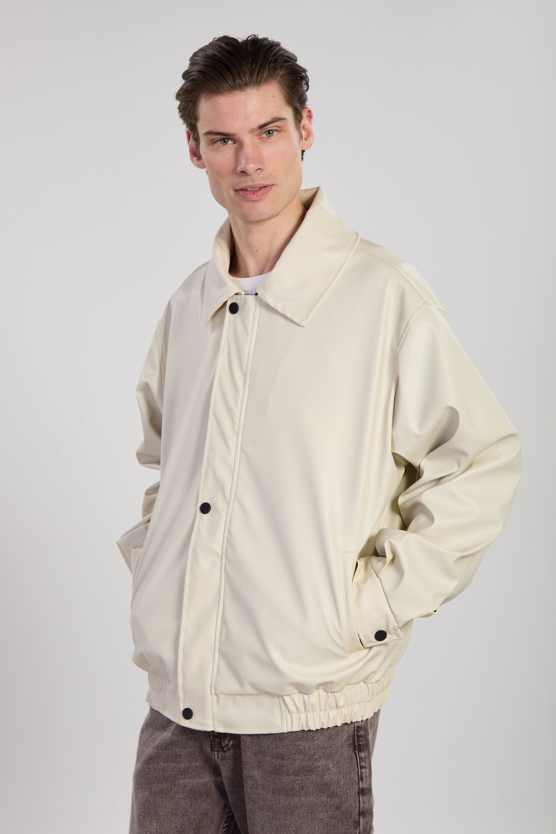 Erkek Fleto Cepli Fermuarlı Deri Mont - Taş