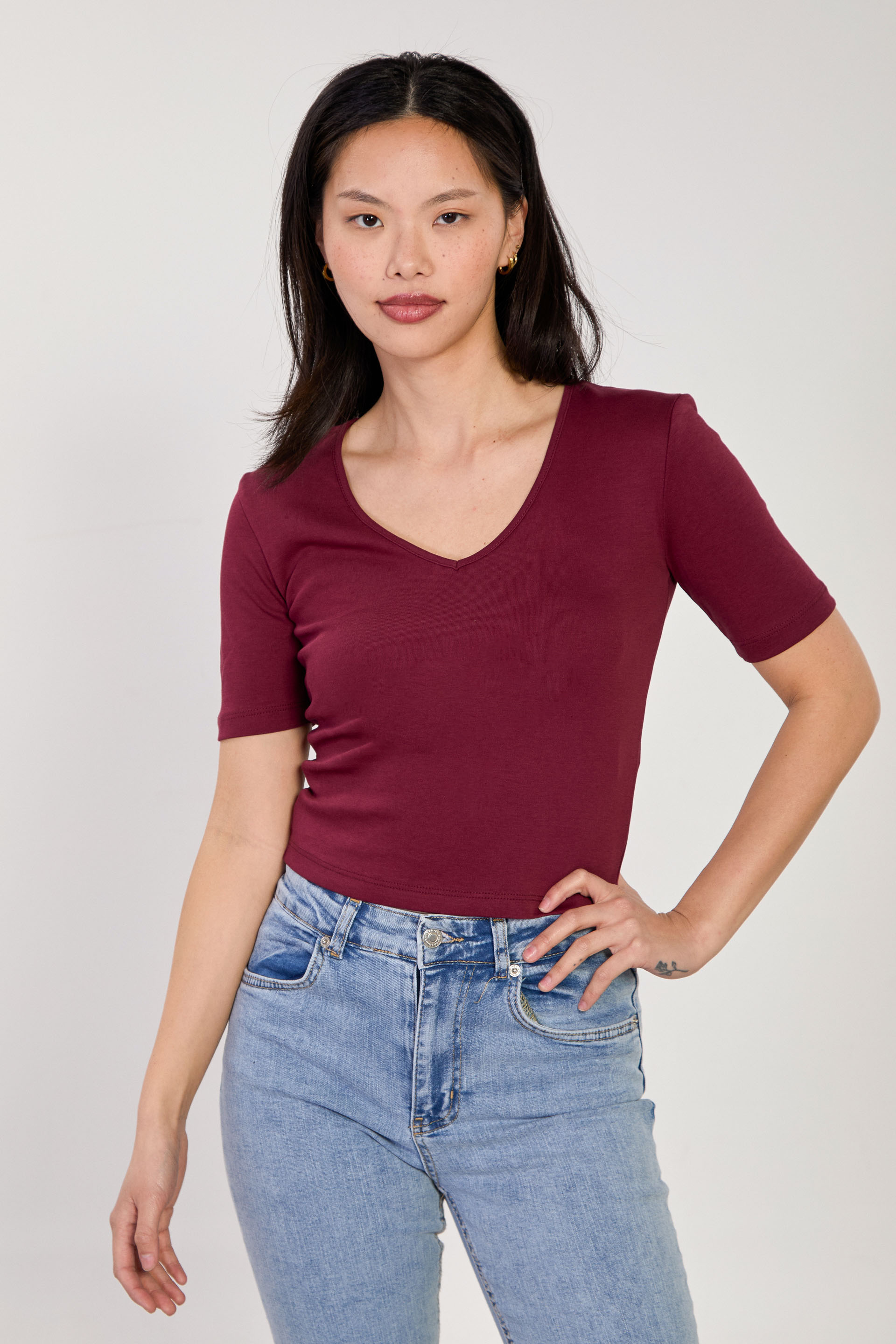 Kadın Derin V Yaka Kısa Kollu Body - Bordo