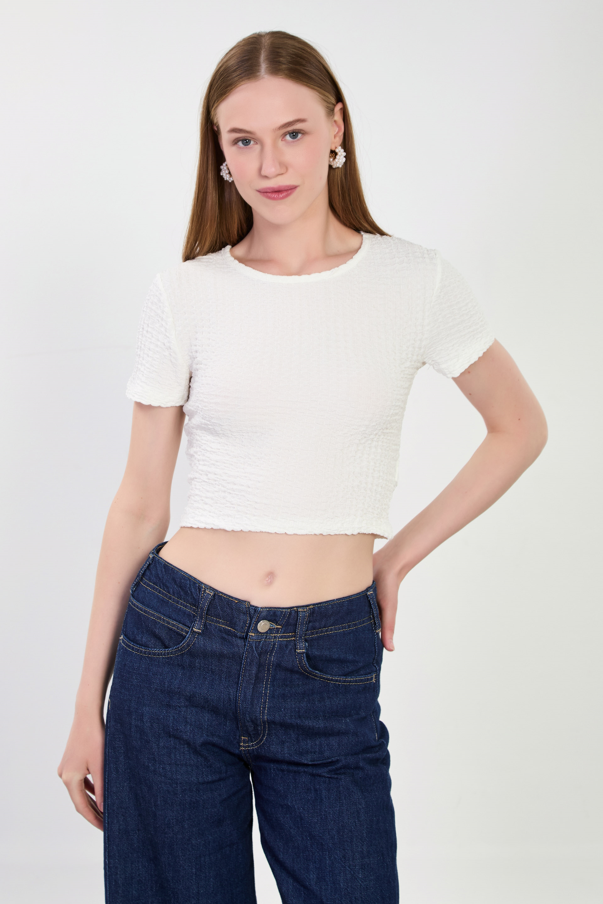 Kadın Kısa Kollu Bubble T-Shirt - Beyaz