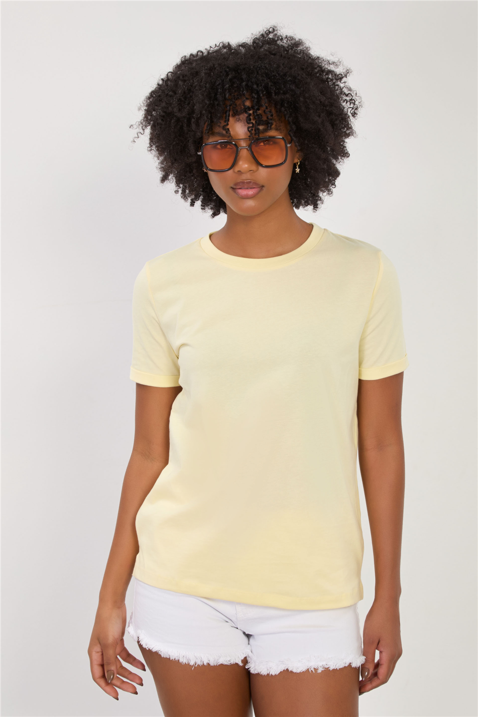 Kadın Bisiklet Yaka Double Kol Basic T-Shirt - Sarı