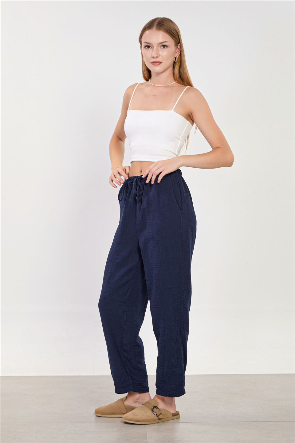 Kadın Beli Bağlamalı Havuç Pantolon - Lacivert