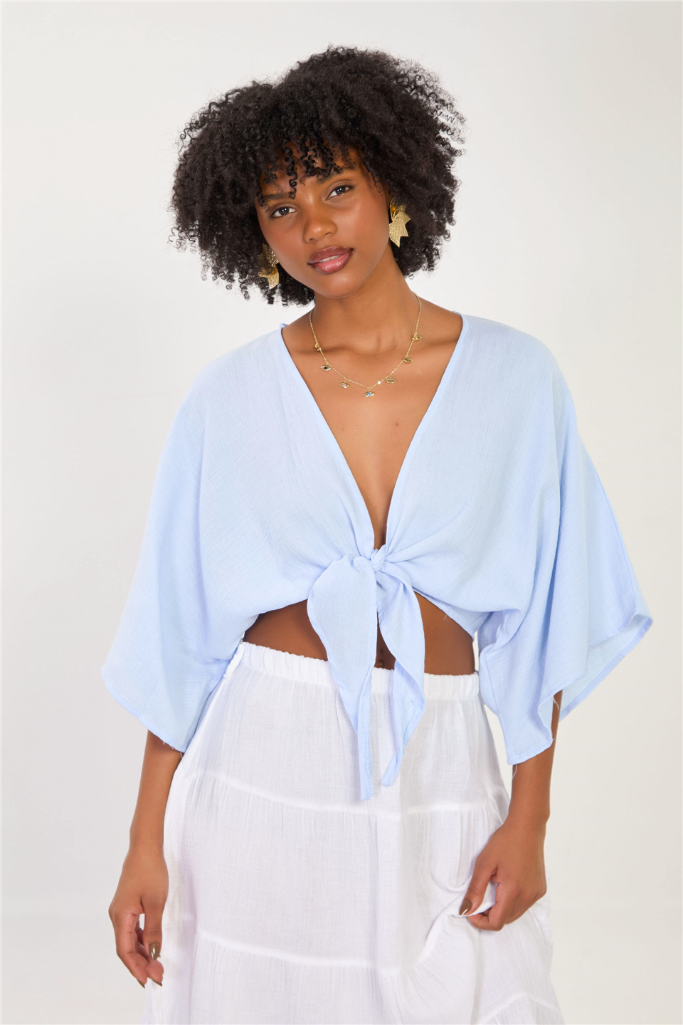 Kadın Önü Bağlamalı Crop Bluz - Mavi