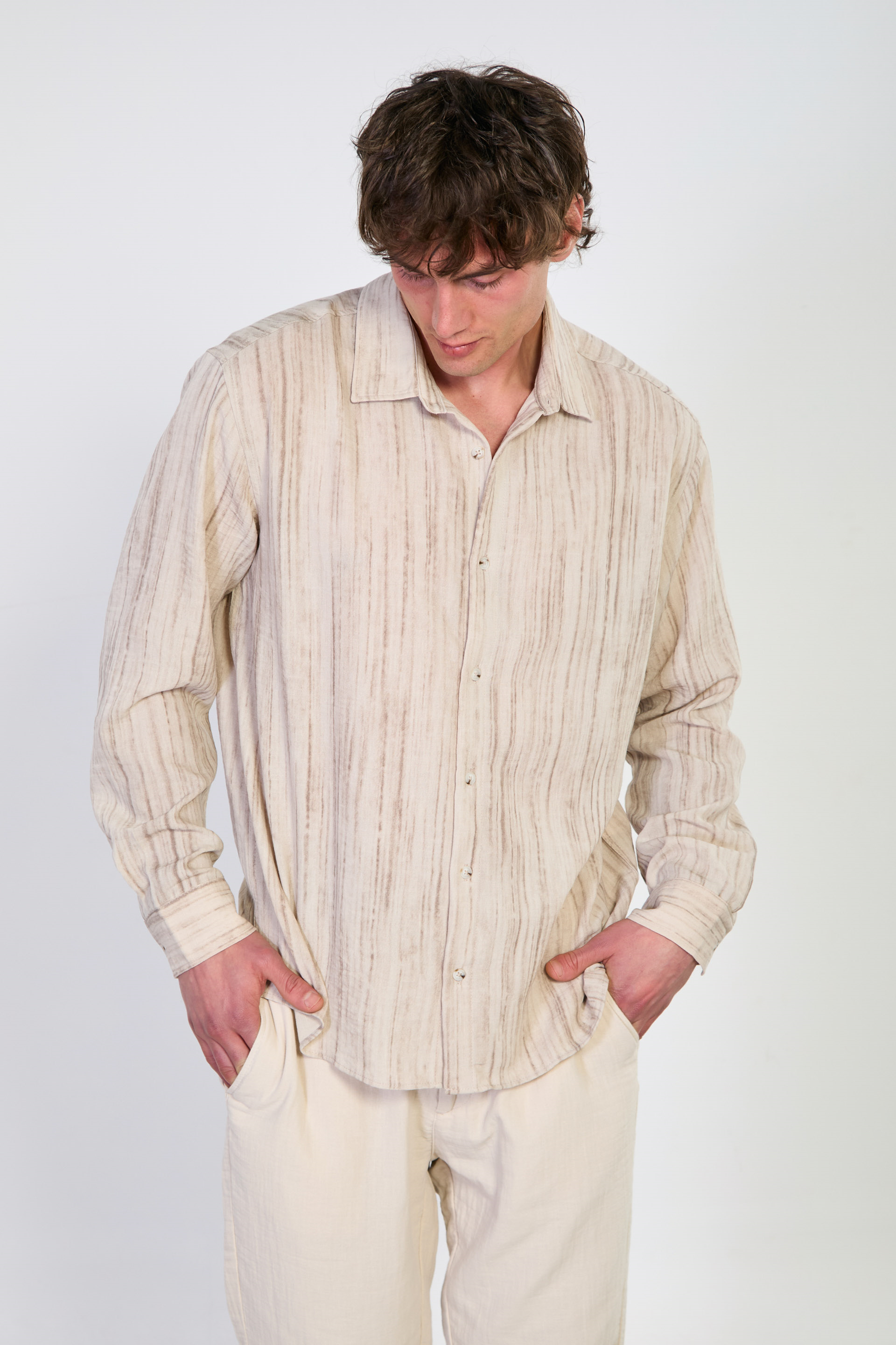 Erkek Çizgili Uzun Kollu Gömlek - Bej
