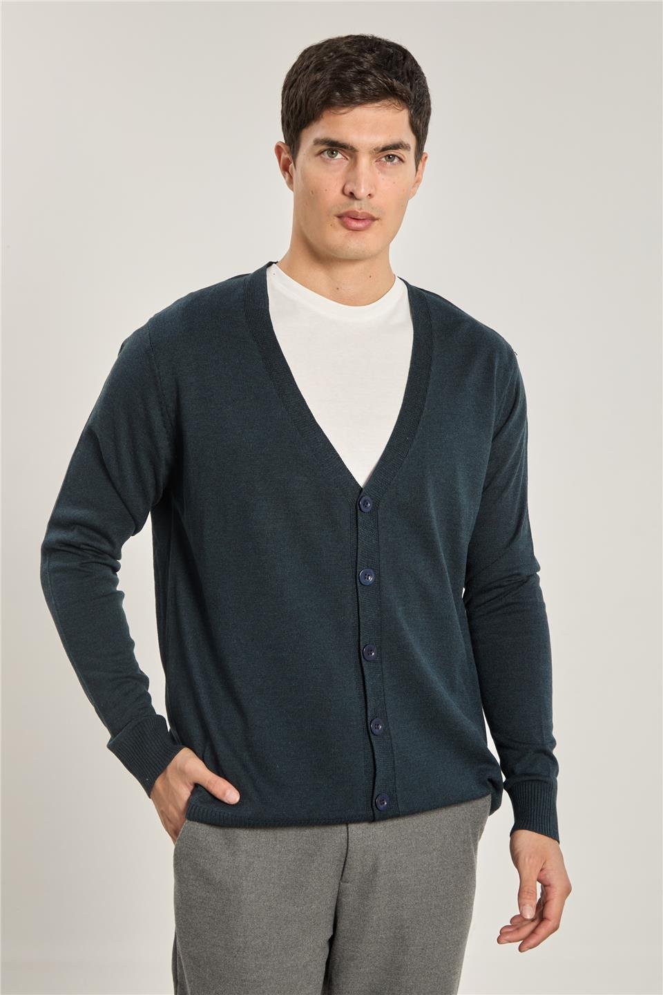 Erkek V Yaka Düğmeli Triko Hırka - Lacivert