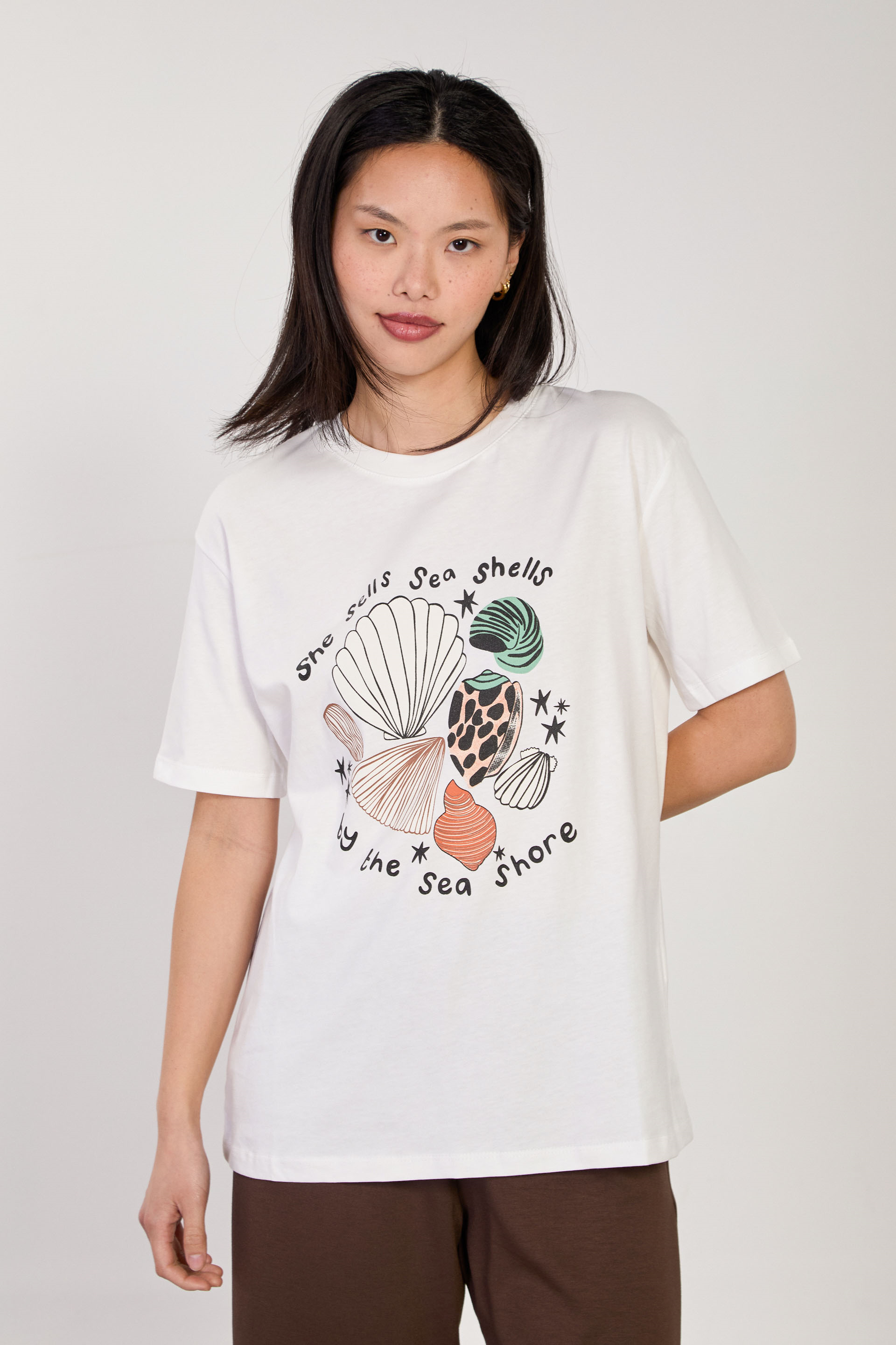 Kadın Deniz Kabuğu Baskılı T-Shirt - Ekru