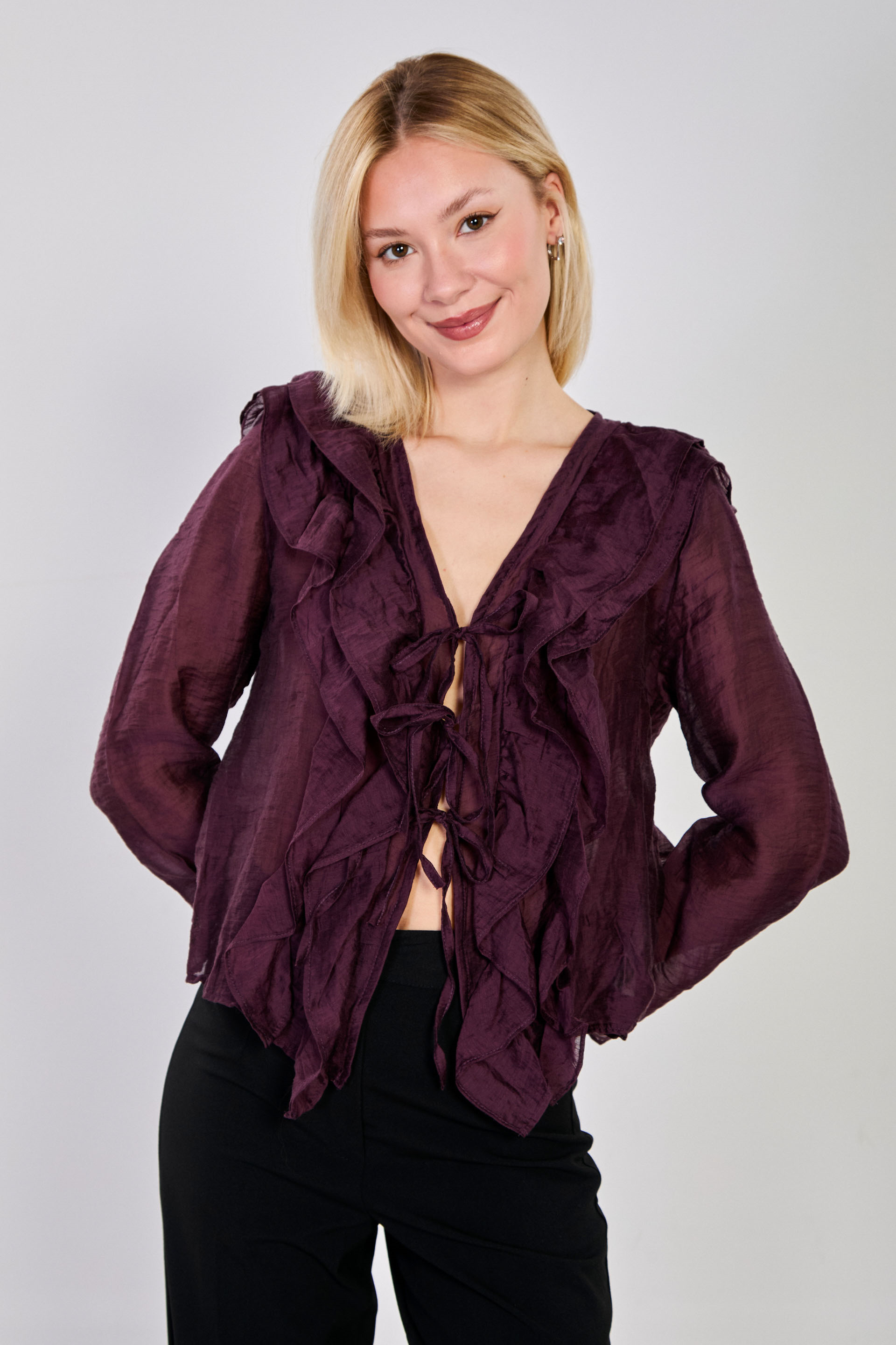 Kadın Önü Bağlamalı Fırfırlı Bluz - Bluz