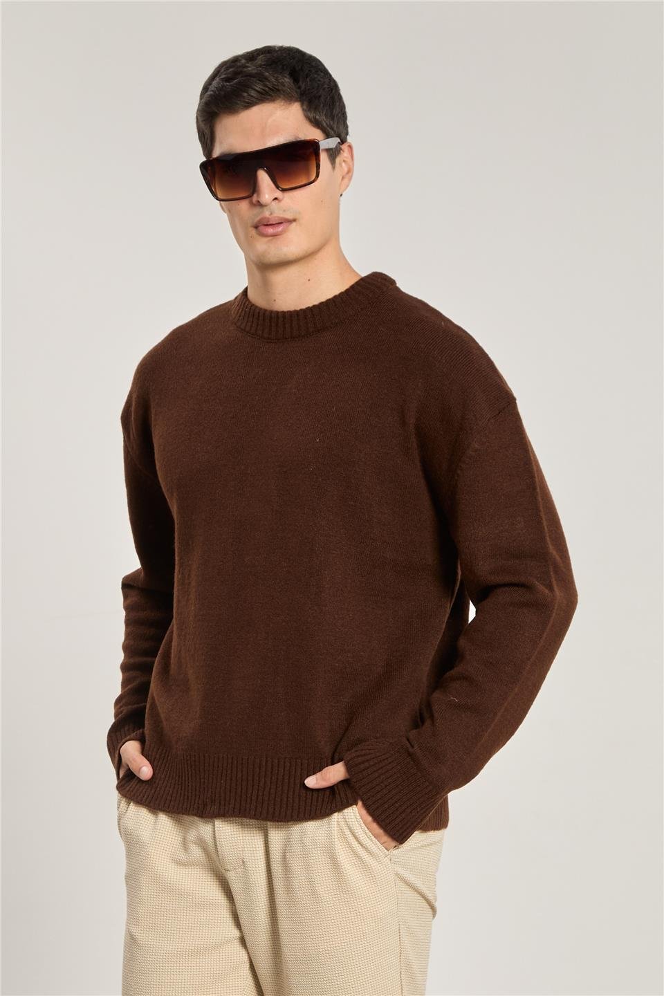 Erkek Bisiklet Yaka Uzun Kollu Kazak - Kahve