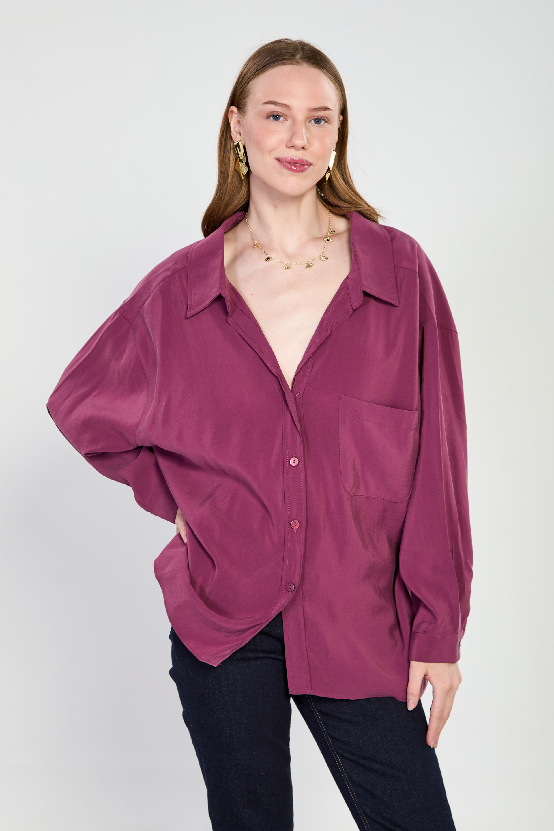 Kadın Tek Cepli V Yaka Gömlek - Mürdüm