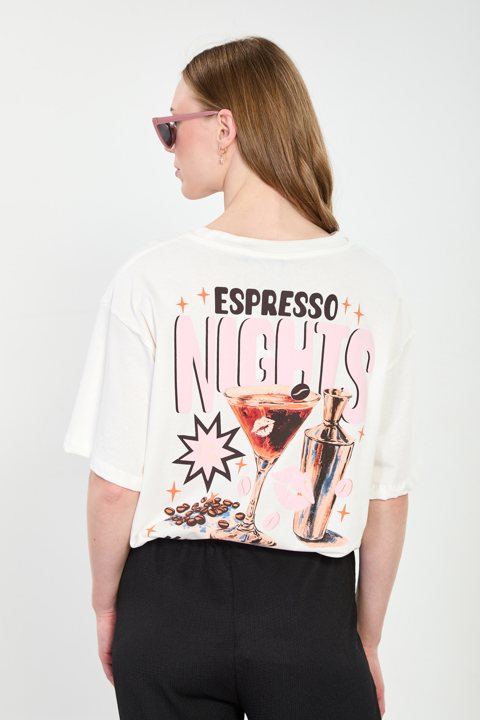 Kadın Sırtı Baskılı Oversize T-Shirt - Ekru