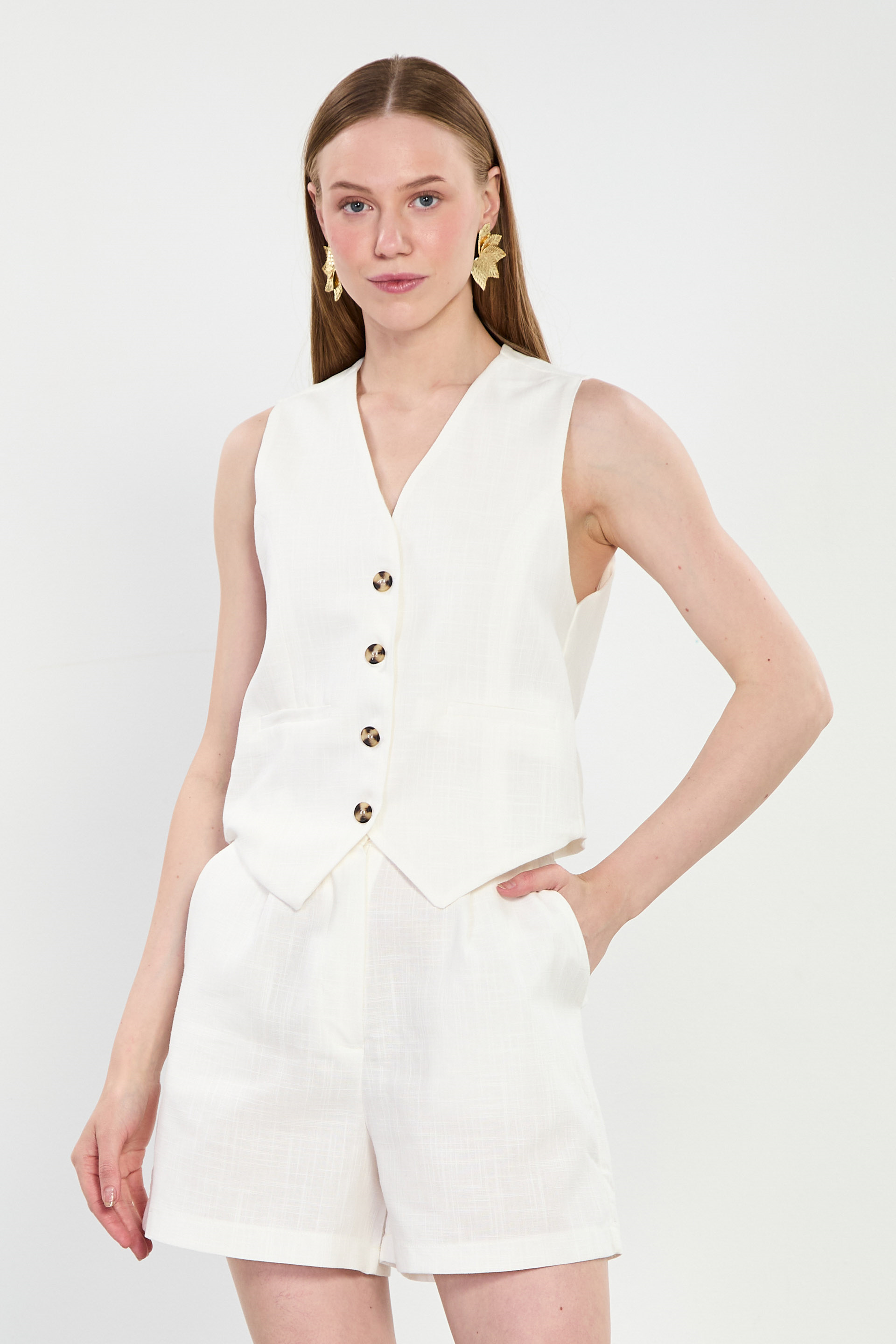 Kadın Fleto Cep Düğmeli Yelek - Beyaz