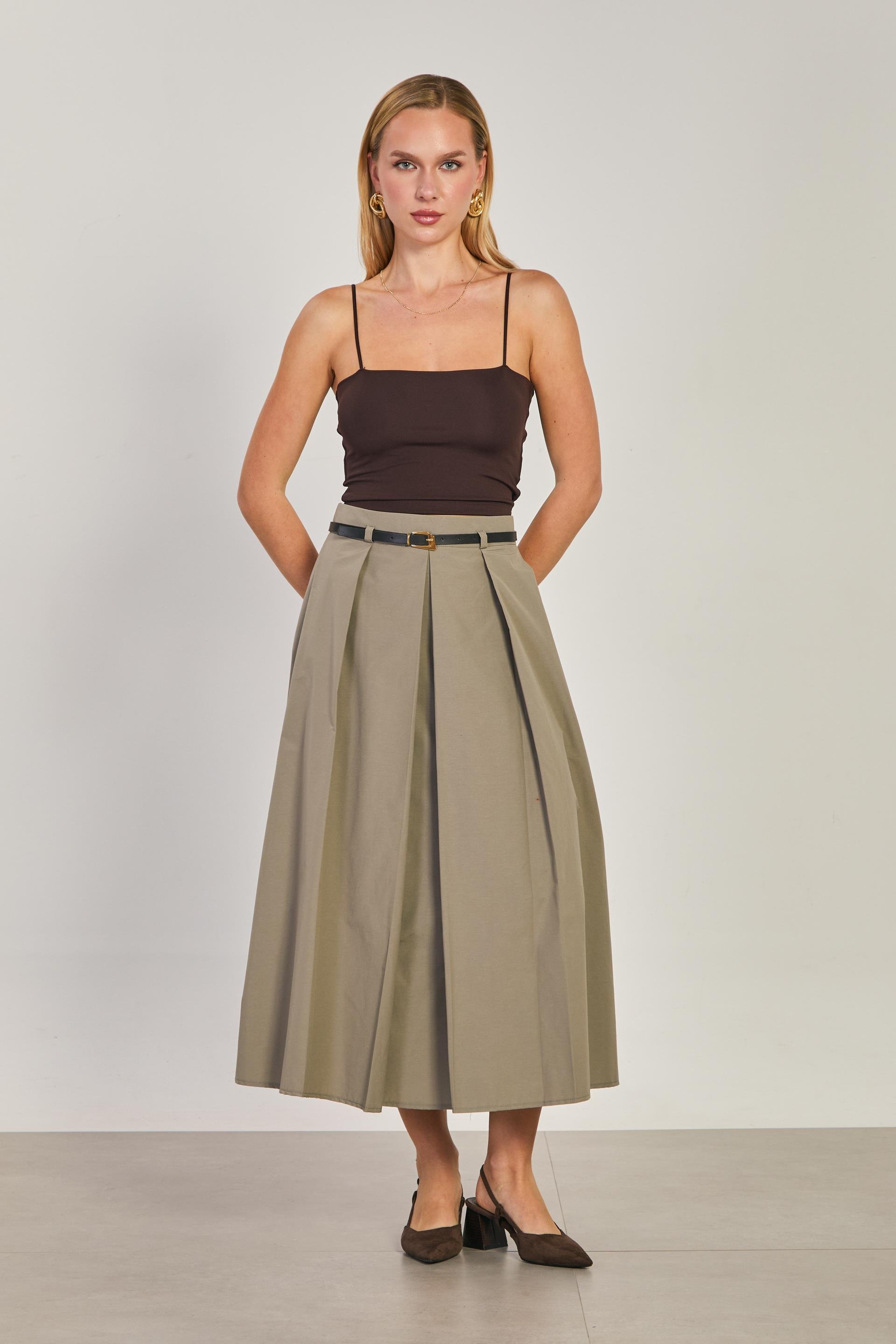 Kadın Kemerli Uzun Etek - Olive