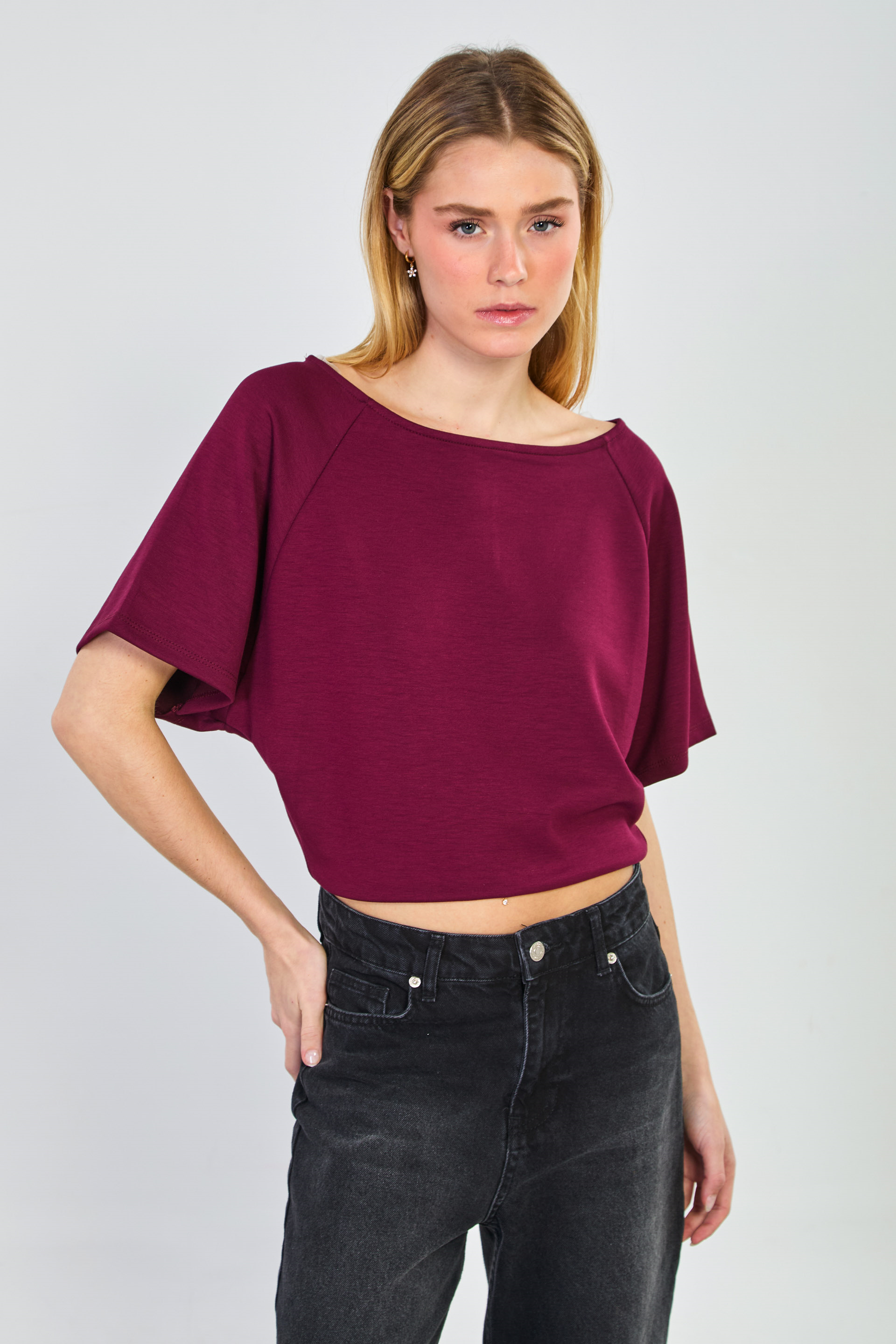 Kadın Kayık Yaka Yarasa Kol T-Shirt - Bordo