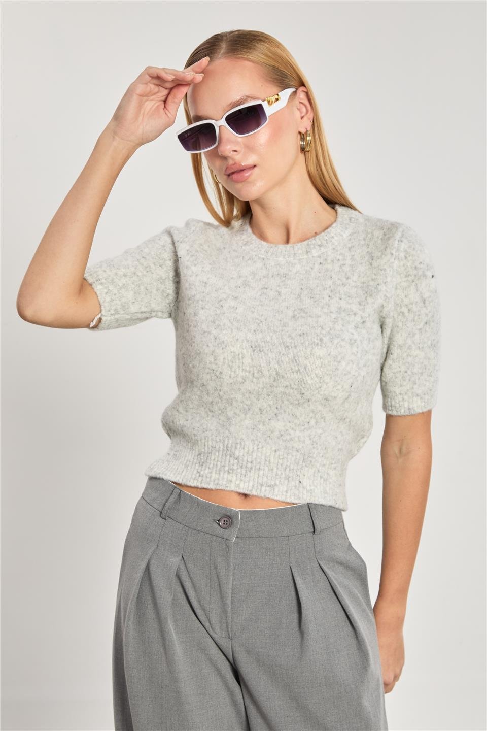 Kadın Kısa Kollu Triko Kazak - Açık Gri