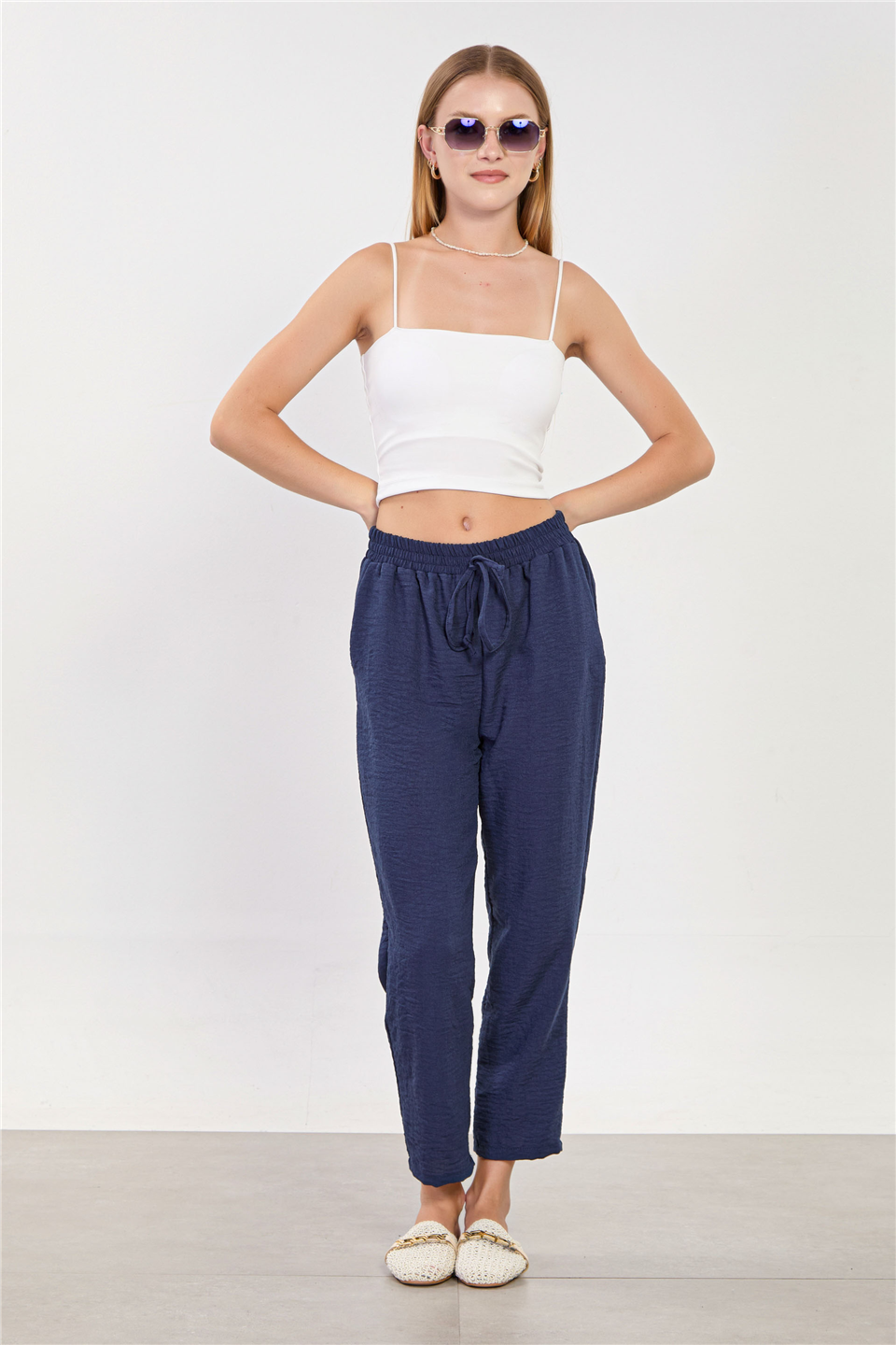 Kadın Beli Bağlamalı Havuç Pantolon - Lacivert