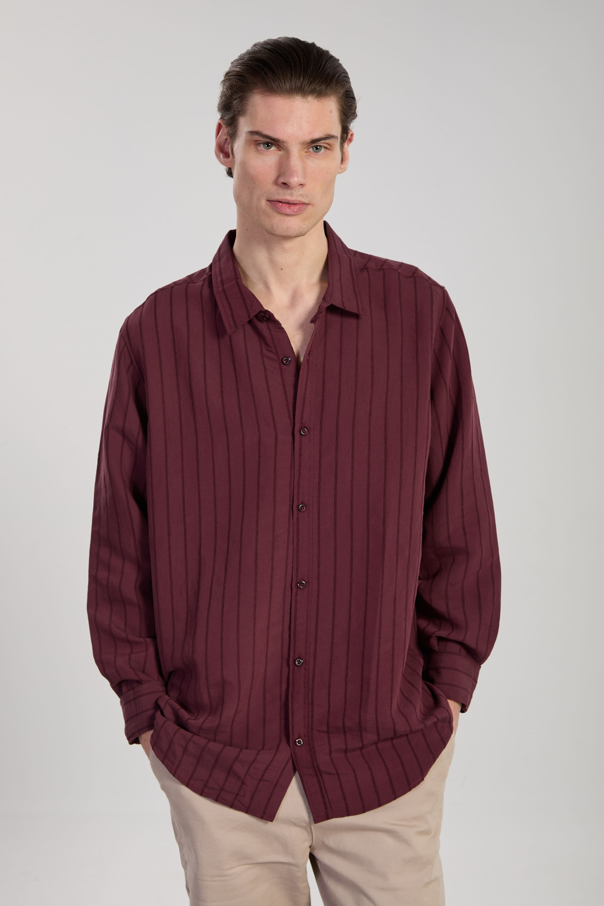 Erkek Çizgili Gömlek - Bordo