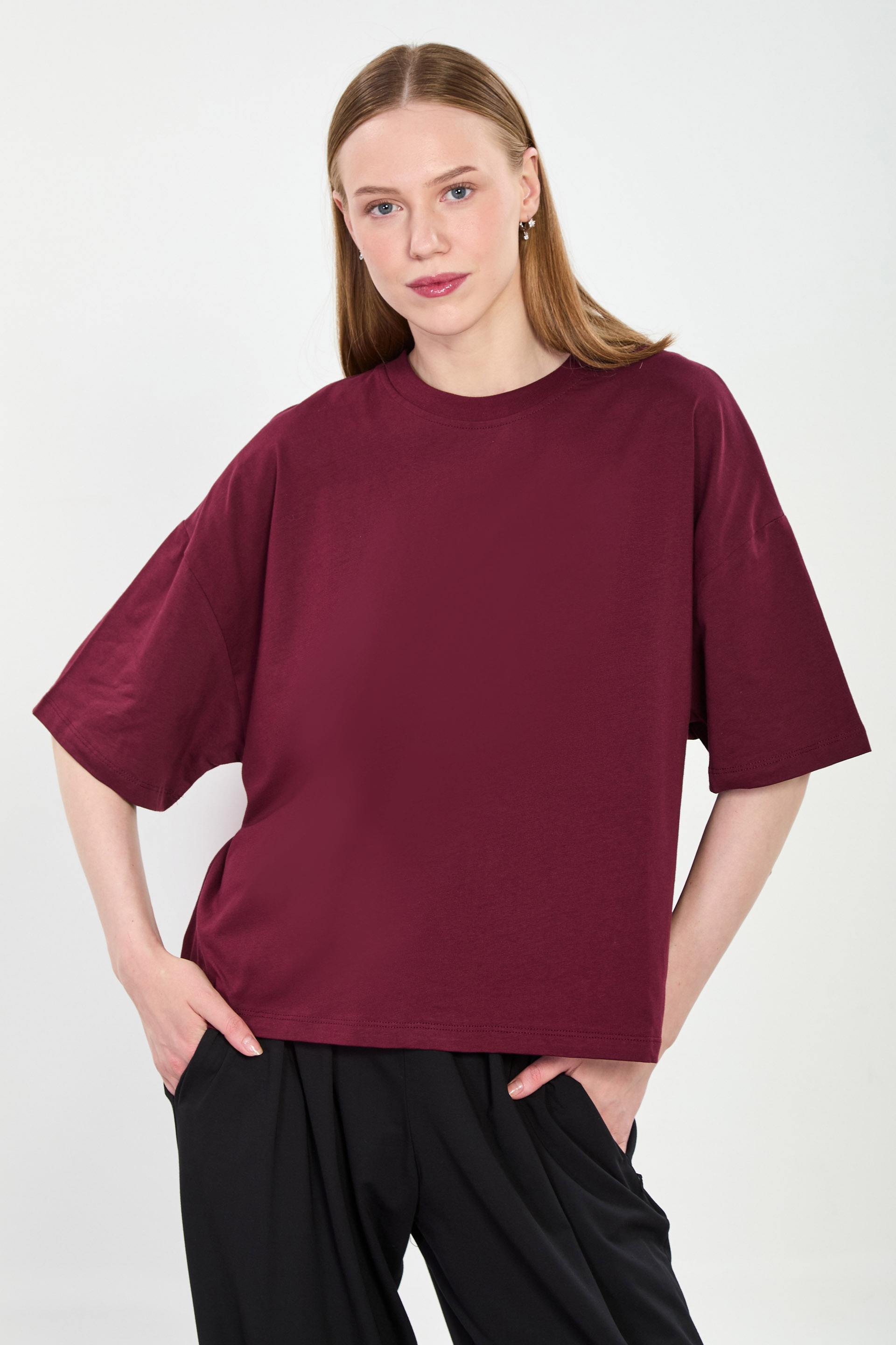 Kadın Bisiklet Yaka Oversize T-Shirt - Mürdüm