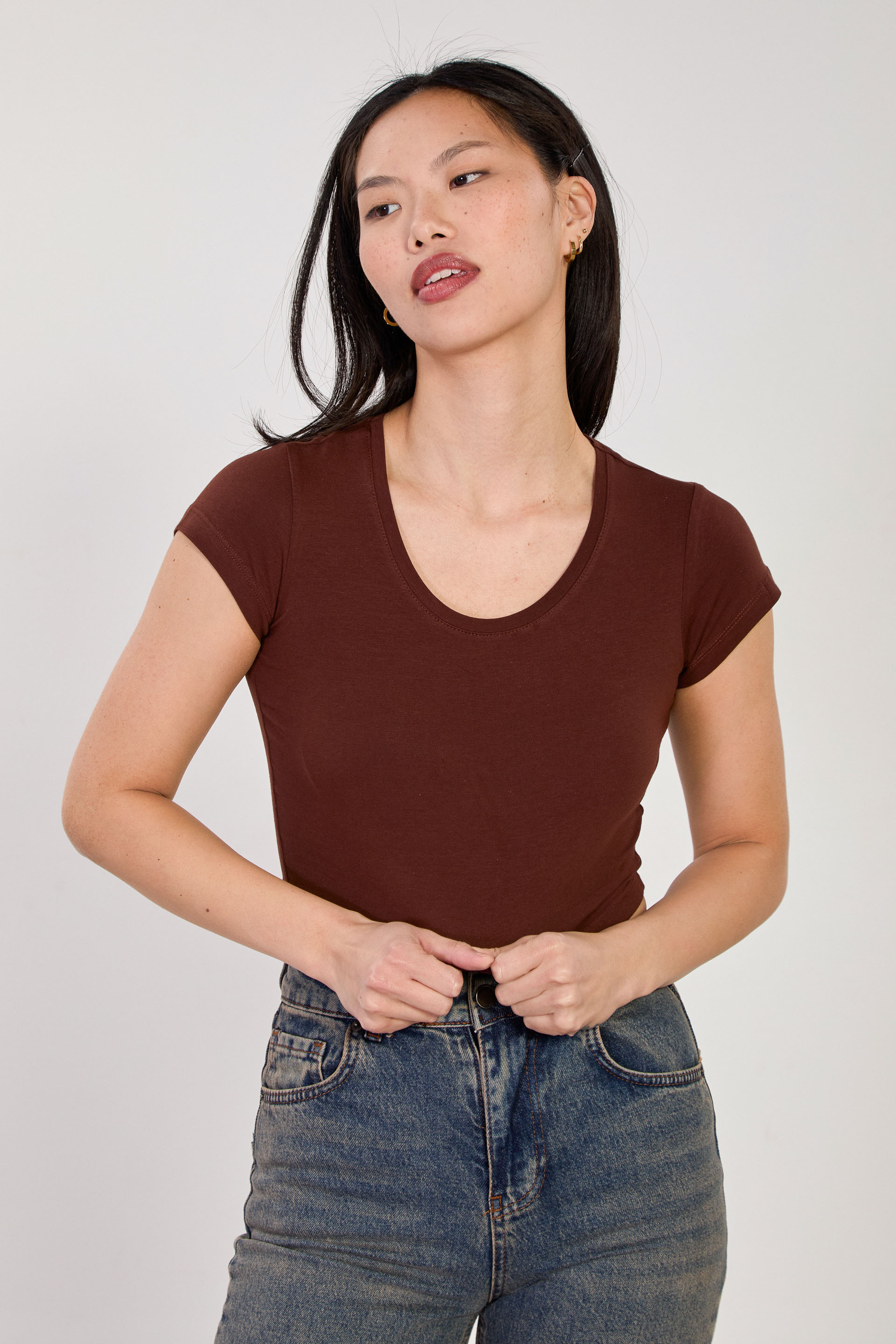 Kadın Derin Yaka Crop Body - Acı Kahve