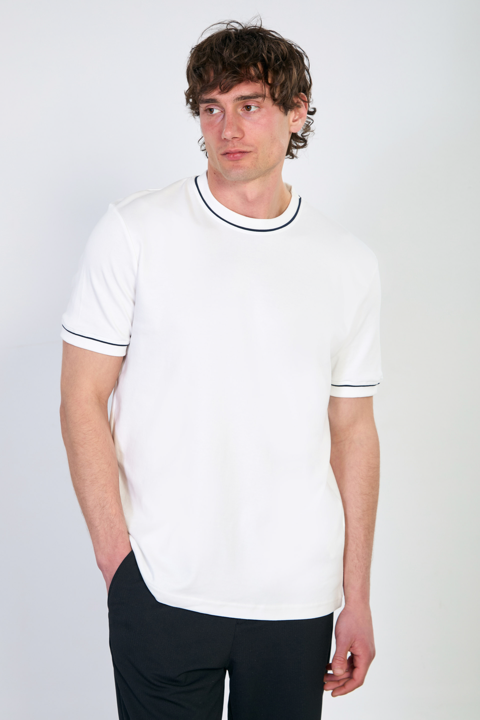 Erkek Biye Detaylı Bisiklet Yaka T-Shirt - Ekru