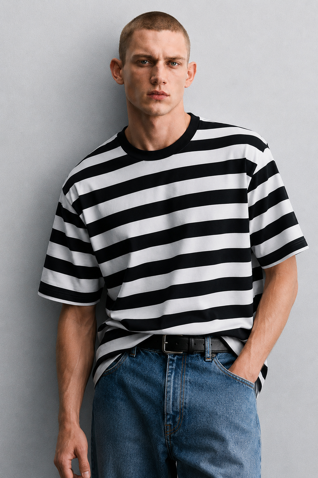 Erkek Kalın Çizgili Oversize T-Shirt - Siyah