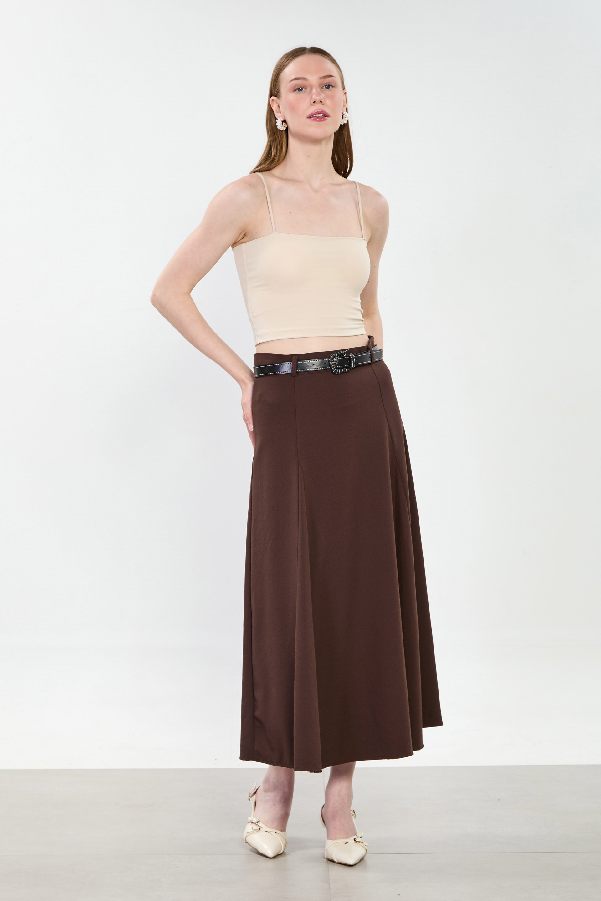Kadın Kemerli Pileli Uzun Etek - Acı Kahve