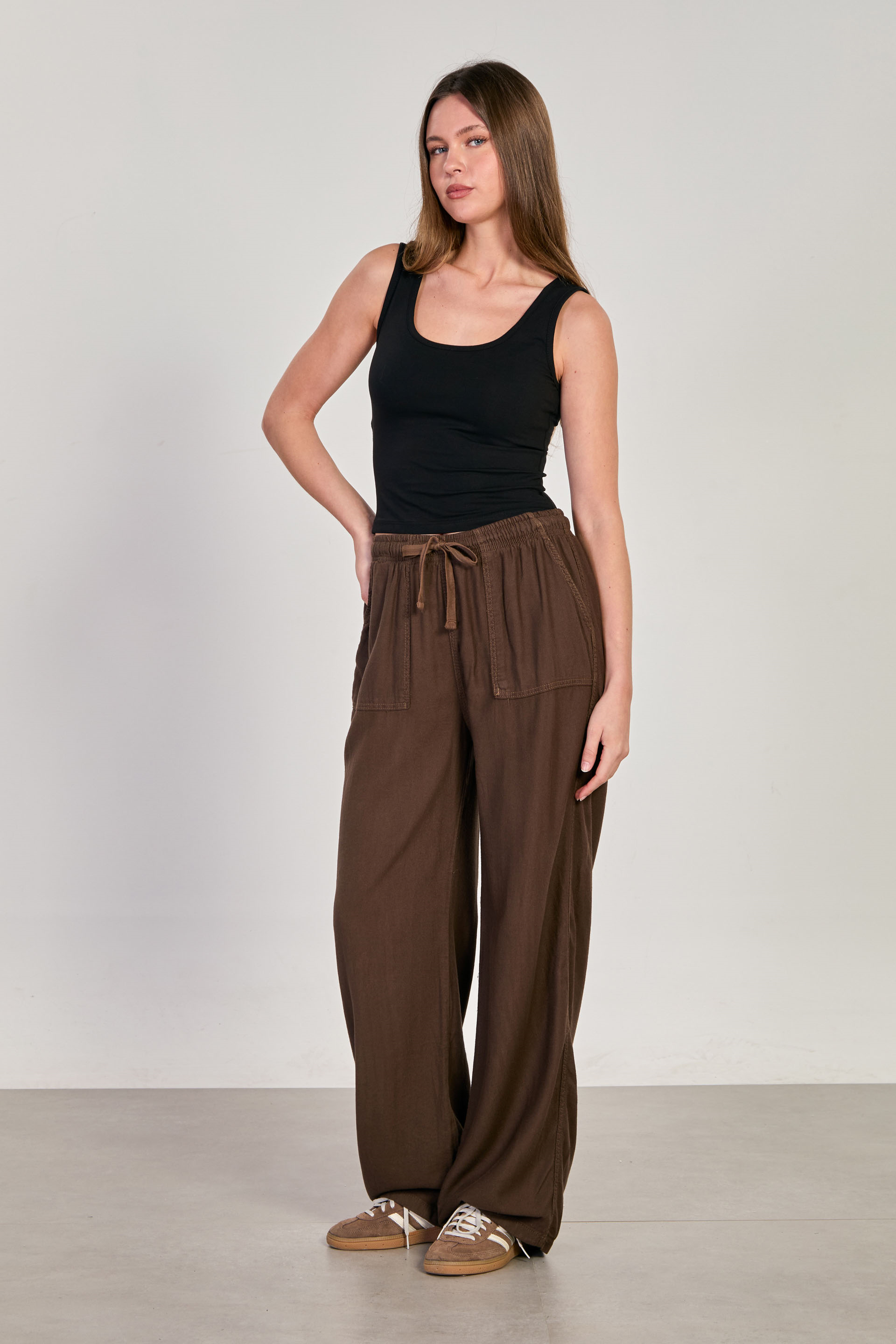 Kadın Beli Lastikli Kare Cep Bol Pantolon - Acı Kahve