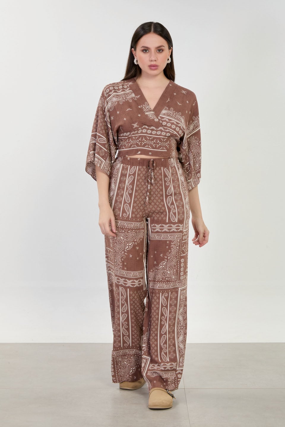Kadın Beli Lastikli Desenli Bol Pantolon - Kahve