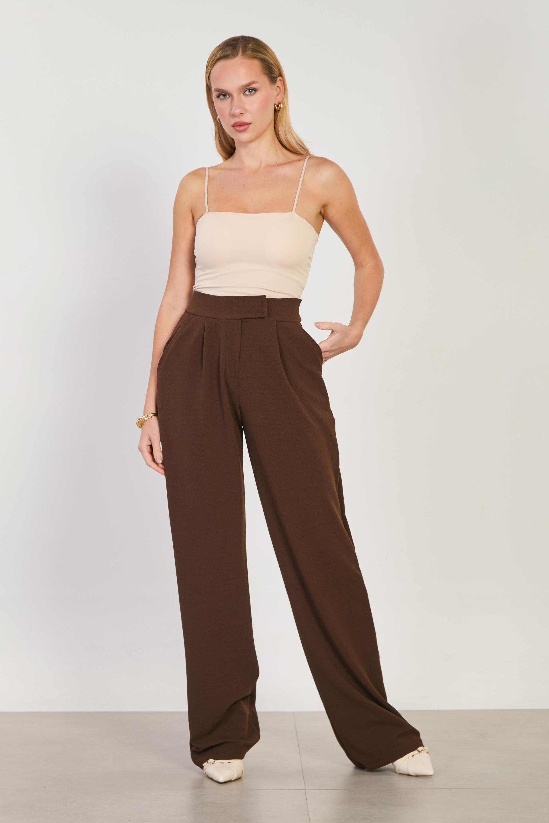 Kadın Beli Cırtlı Bol Pantolon - Kahve