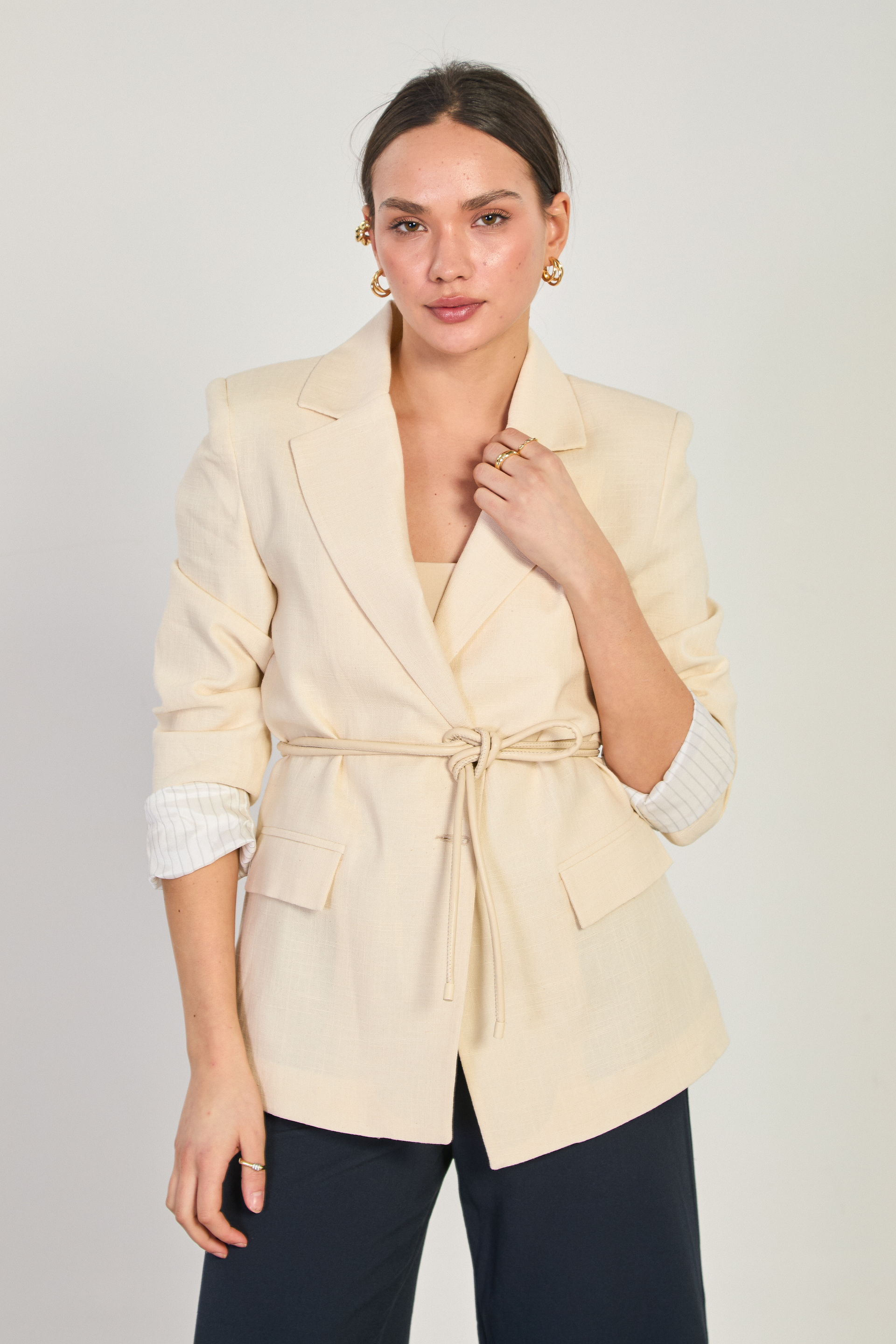 Kadın Kolları Çizgili Keten Blazer Ceket - Natural
