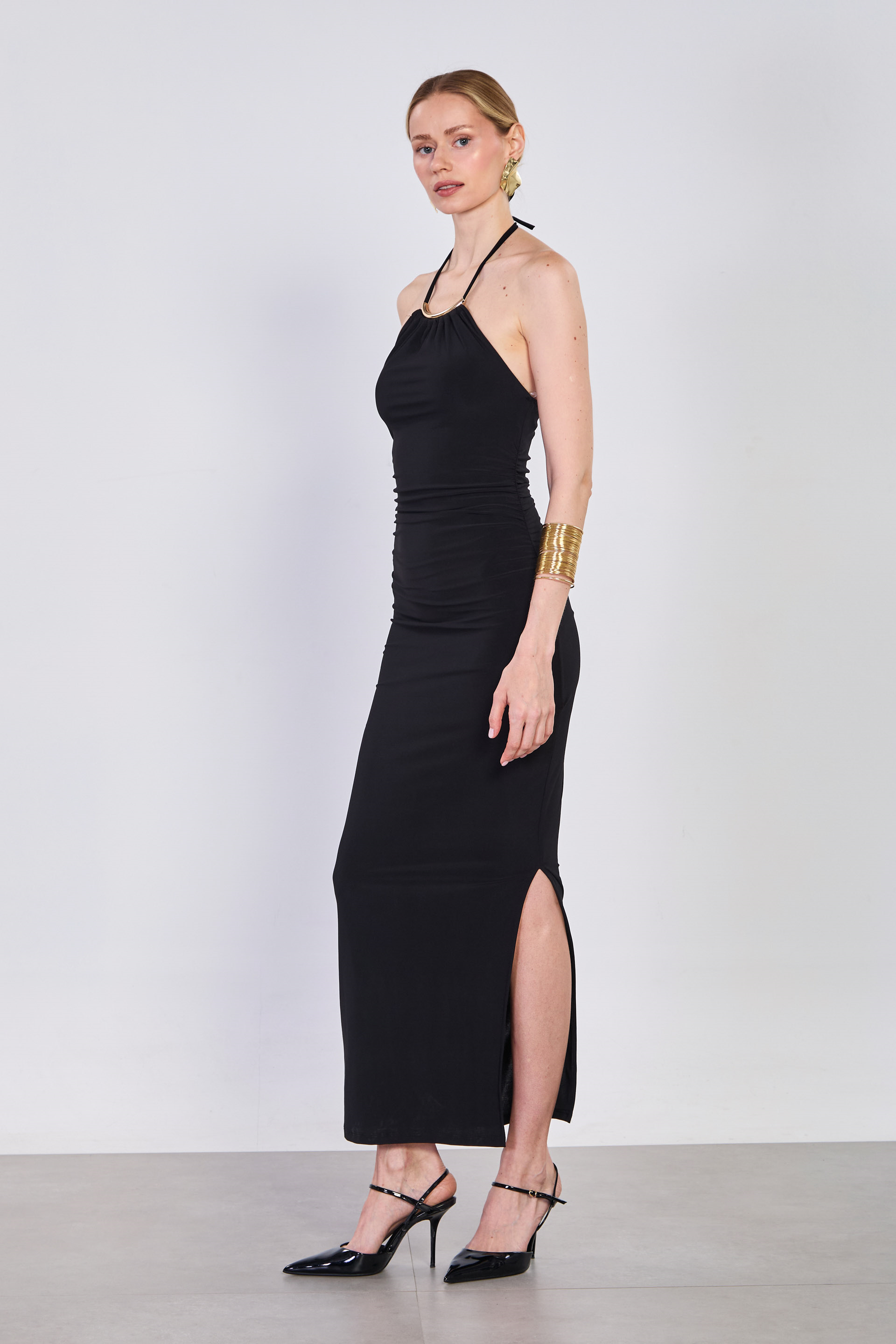 Kadın Boyundan Bağlamalı Drapeli Elbise - Siyah