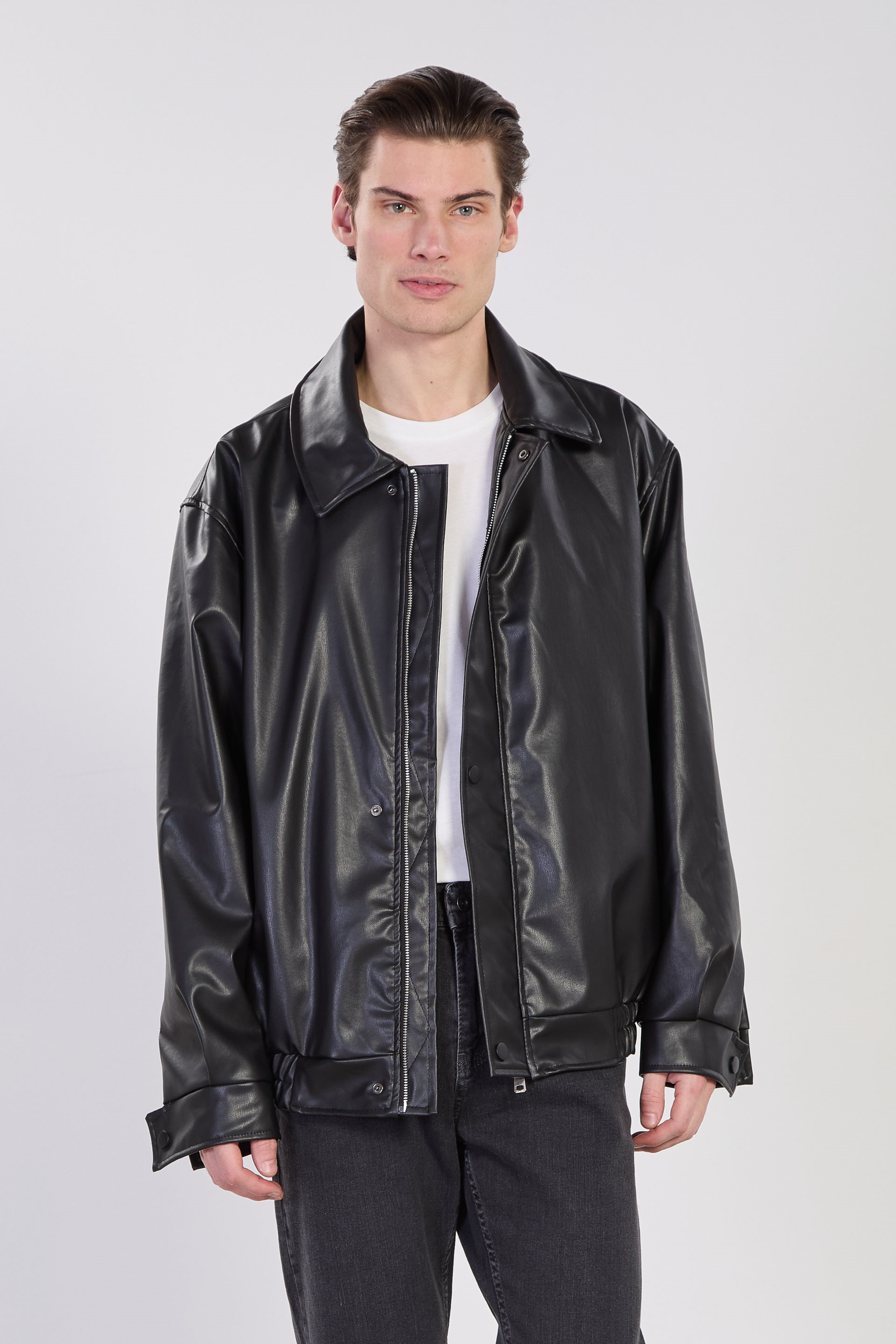 Erkek Fleto Cepli Fermuarlı Deri Mont - Siyah