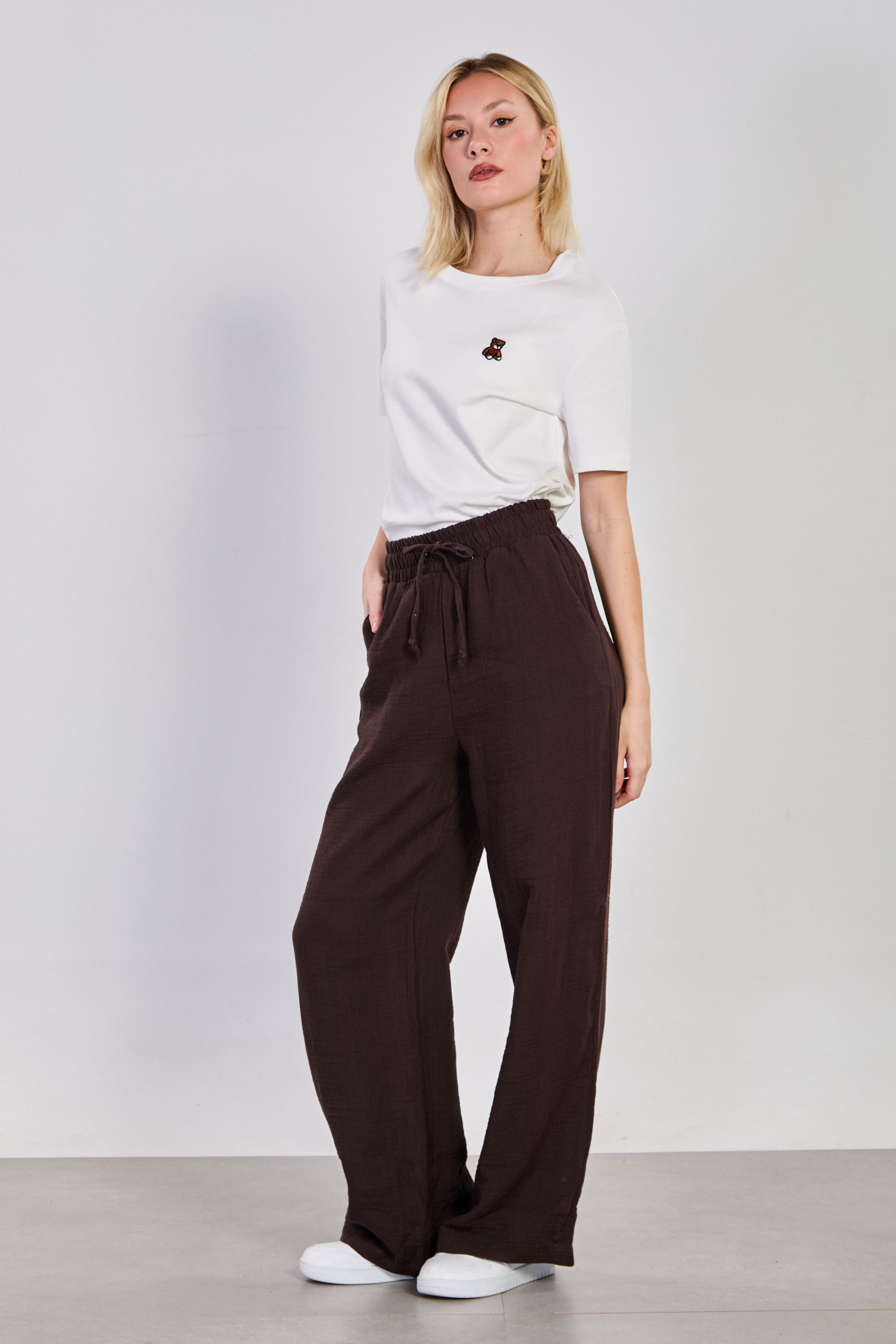 Kadın Bel Bağlamalı Pamuklu Bol Pantolon - Kahve