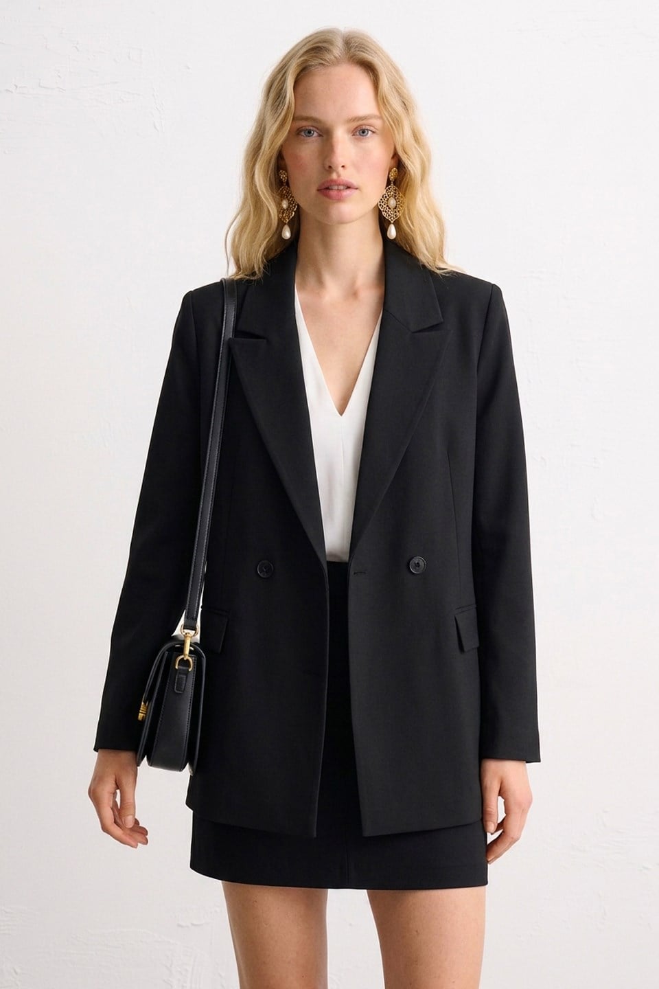Kadın Çift Düğmeli Blazer Ceket - Siyah