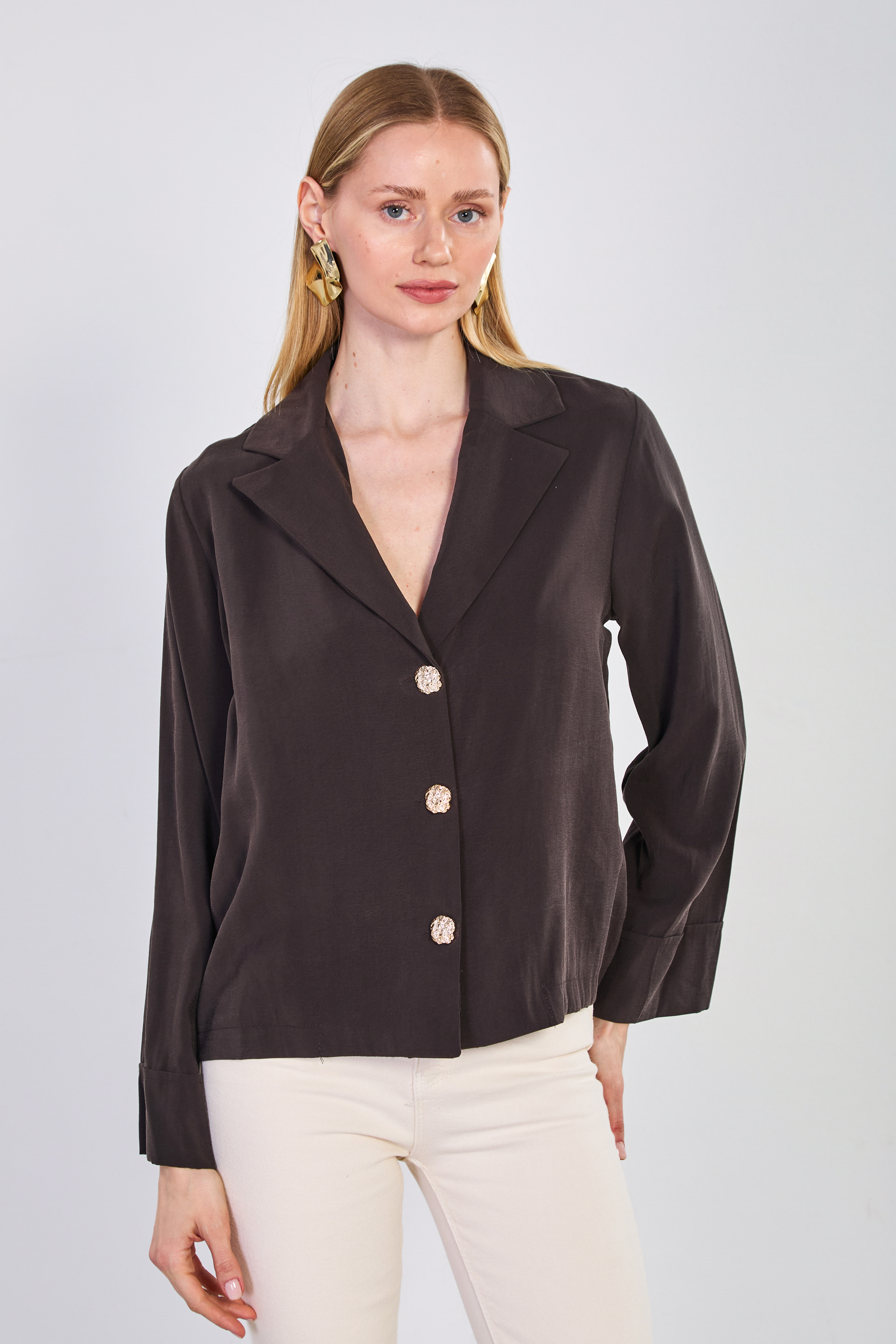 Kadın 3 Düğmeli Double Kol Dökümlü Ceket - Acı Kahve