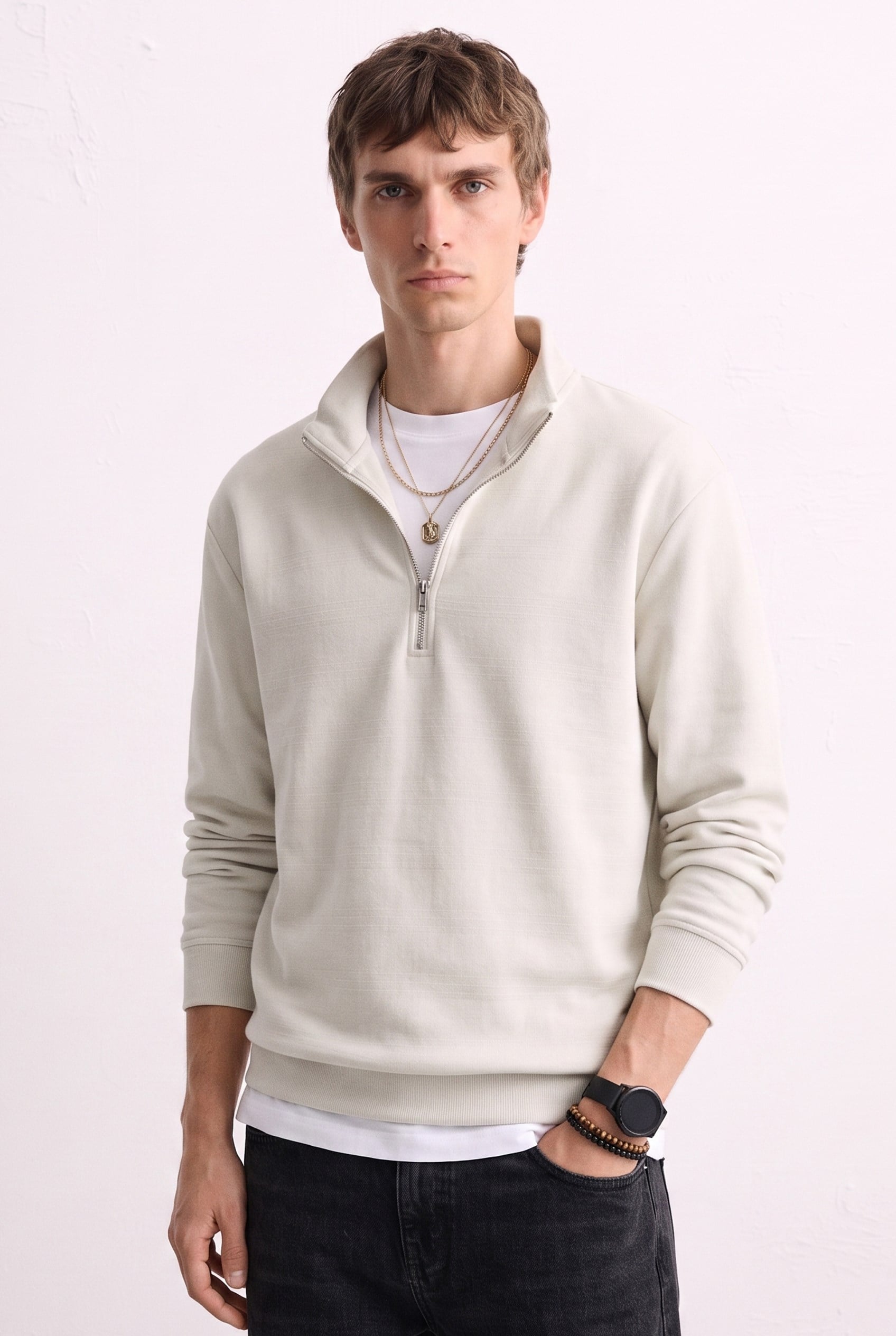 Erkek Yarım Fermuarlı Dik Yaka Sweatshirt - Taş