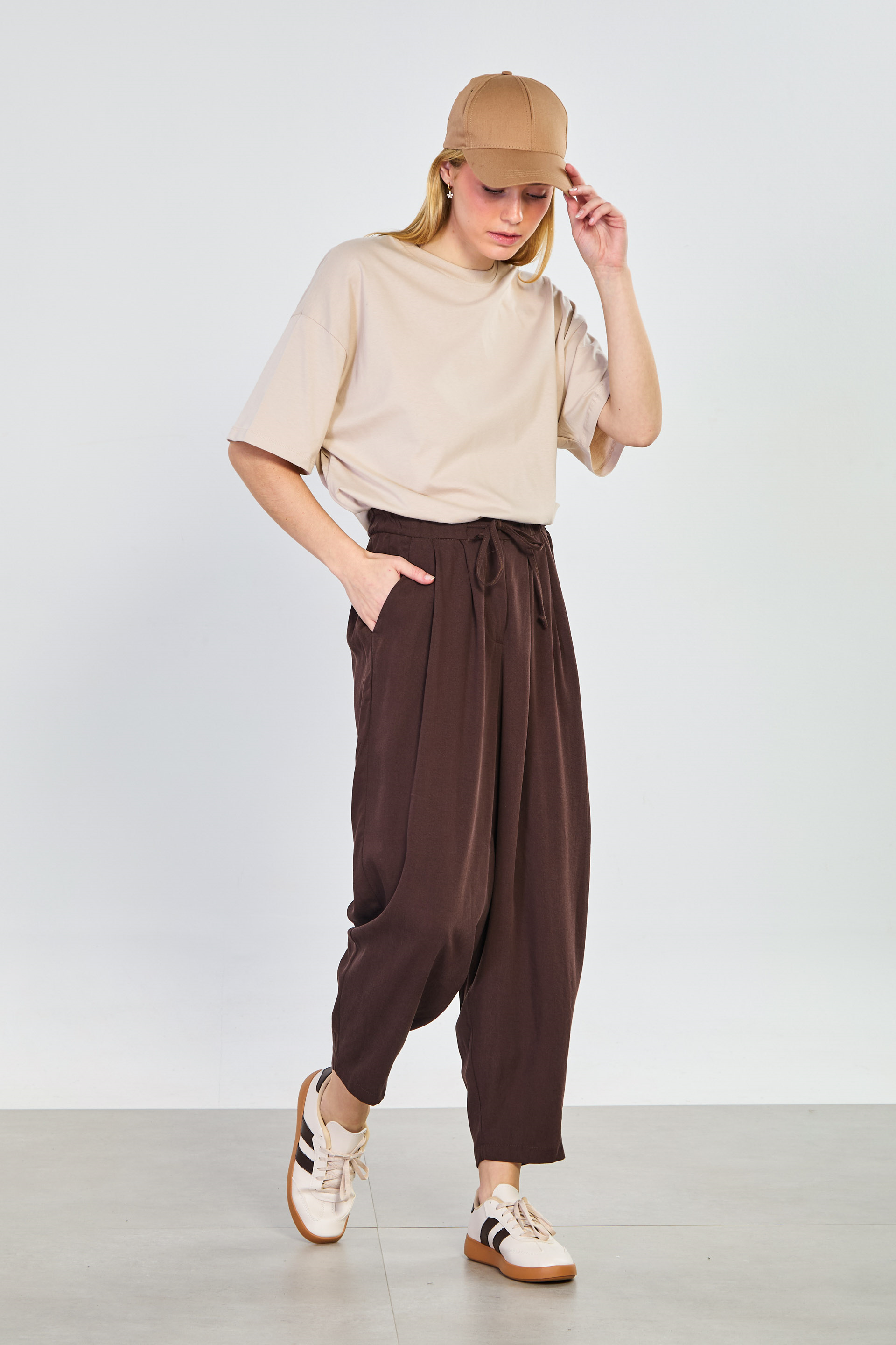 Kadın Beli İpli Havuç Pantolon - Acı Kahve