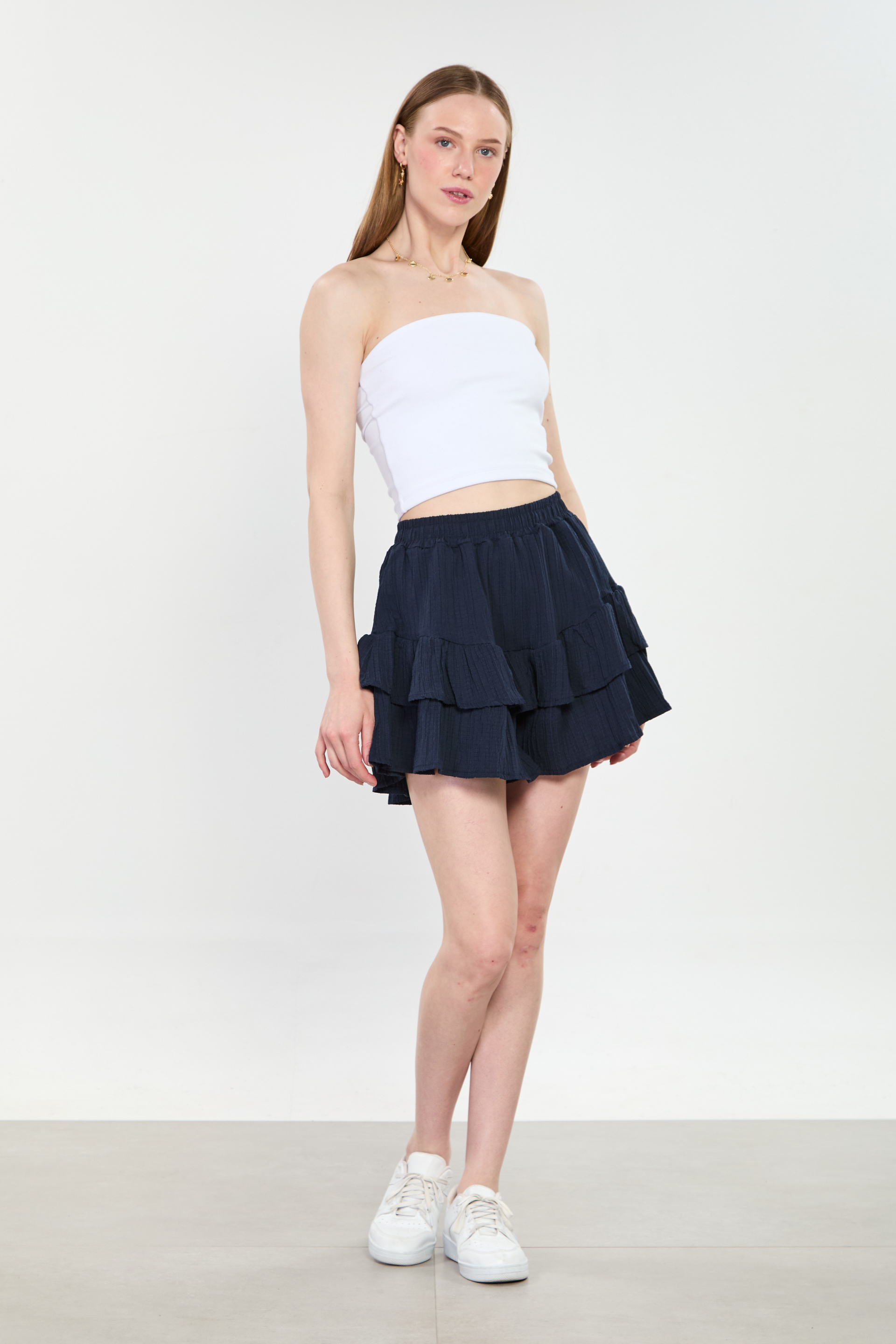 Kadın Fırfırlı Şort Etek - Koyu Lacivert