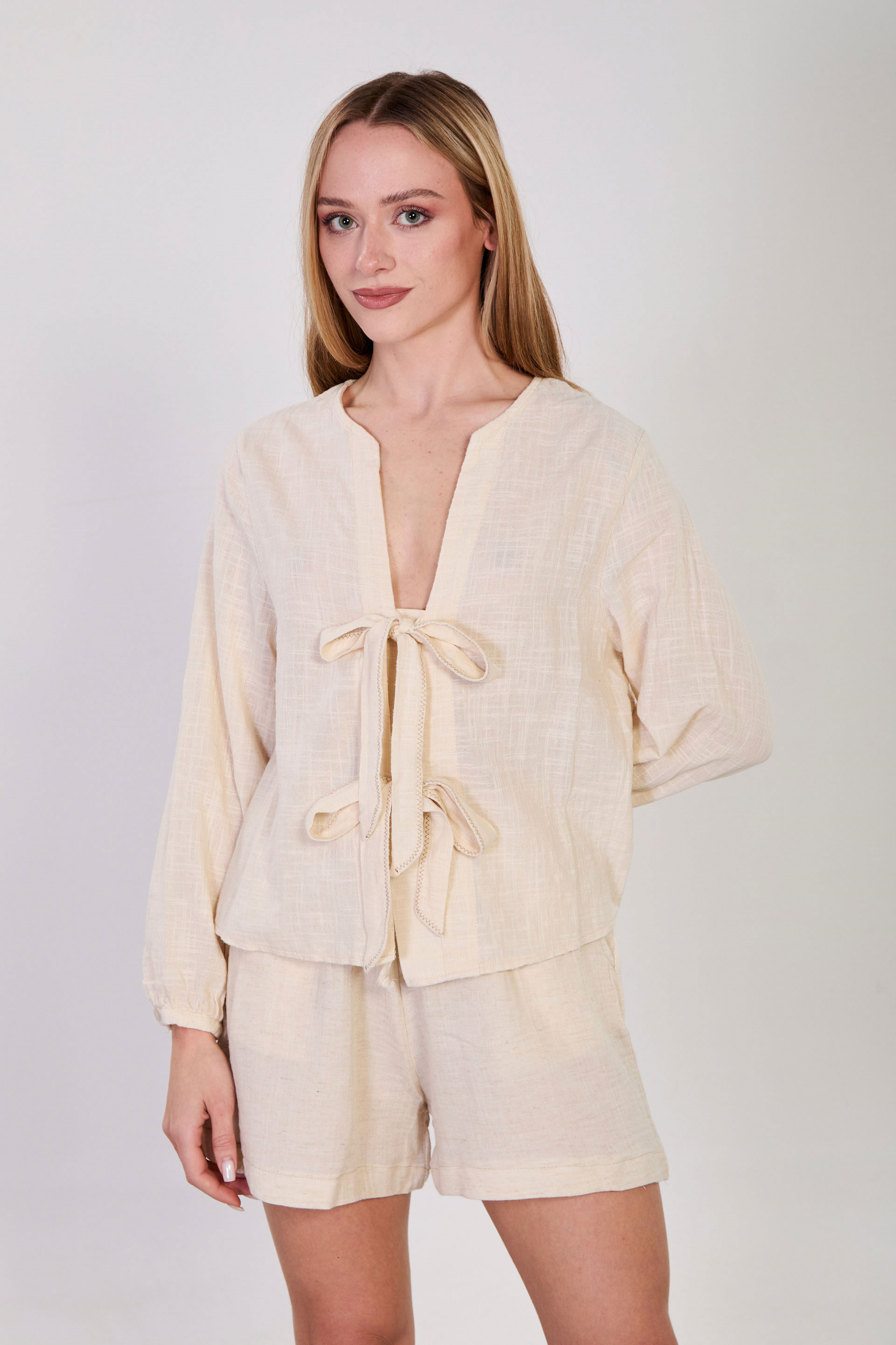 Kadın Önü Bağlamalı Dikiş Detaylı Bluz - Natural