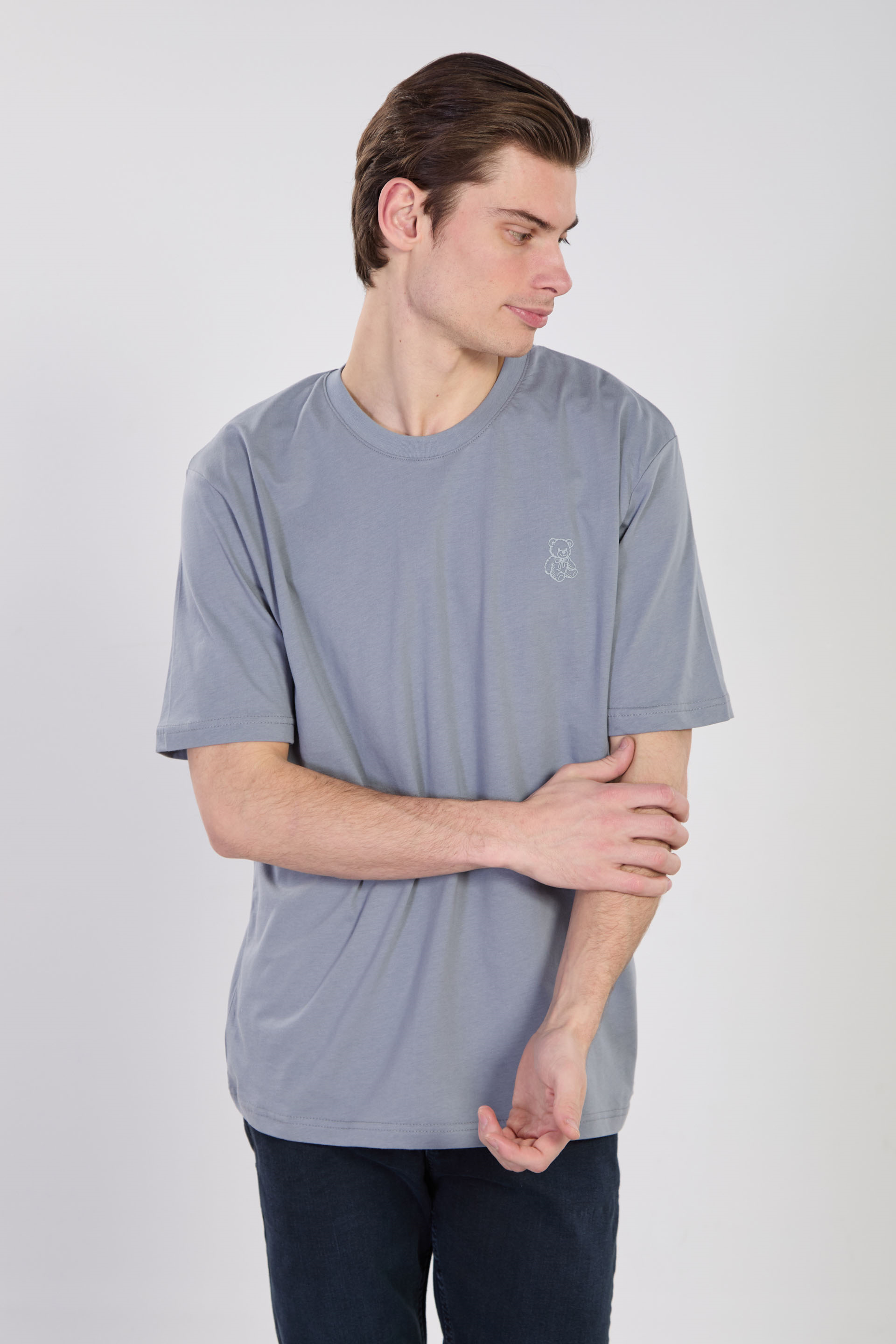 Erkek Ayı Nakışlı Bisiklet Yaka T-Shirt -  Açık Gri