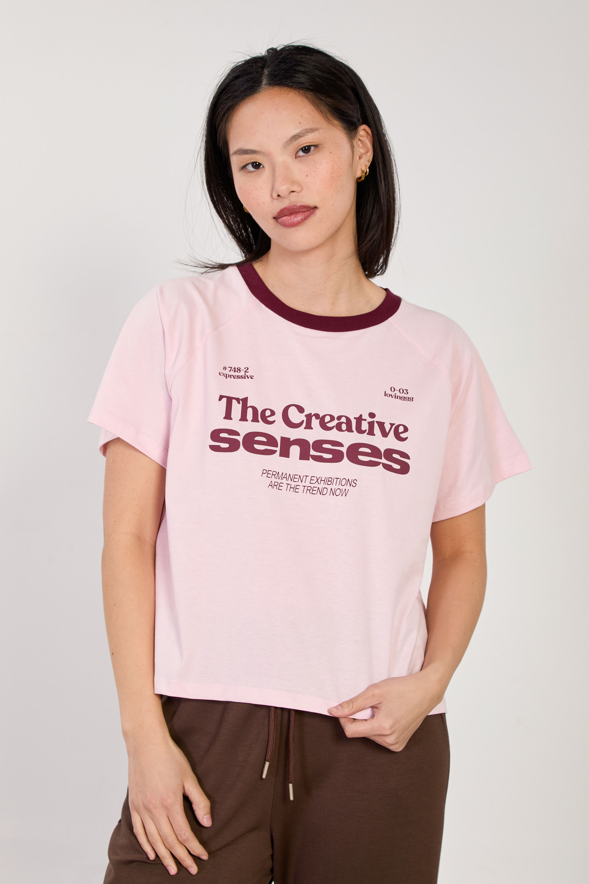 Kadın Ön Arka Baskılı Yaka Garnili T-Shirt - Pembe/Bordo