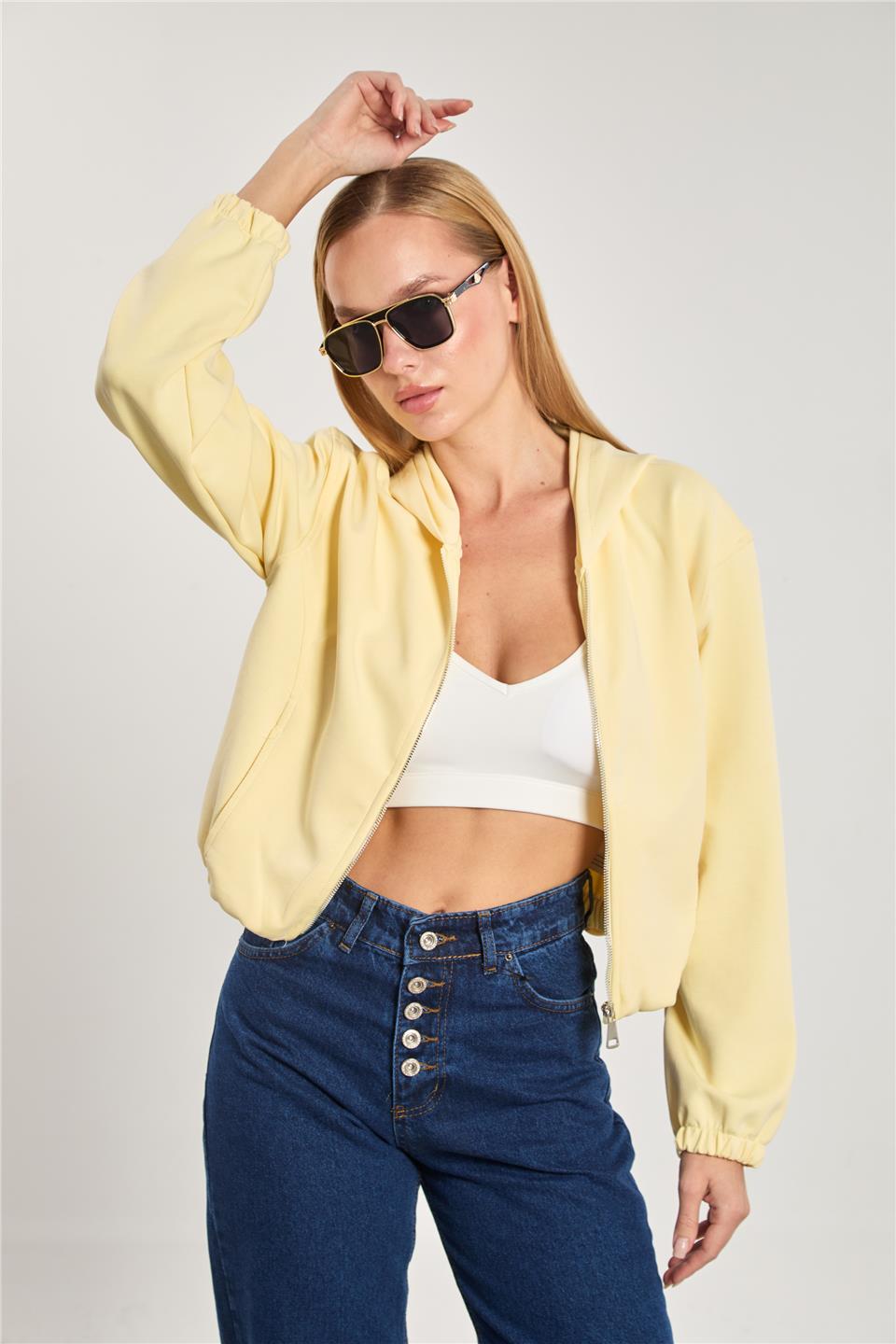 Kadın Kapüşonlu Fermuarlı Sweatshirt - Sarı