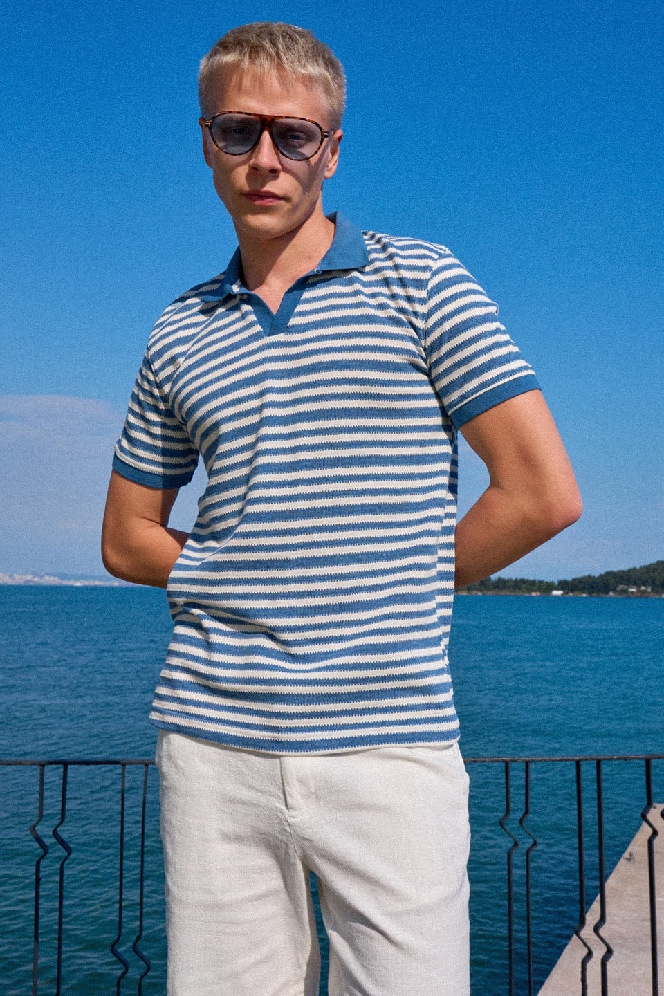 Erkek Çizgili Kısa Kollu Polo Yaka T-Shirt - İndigo