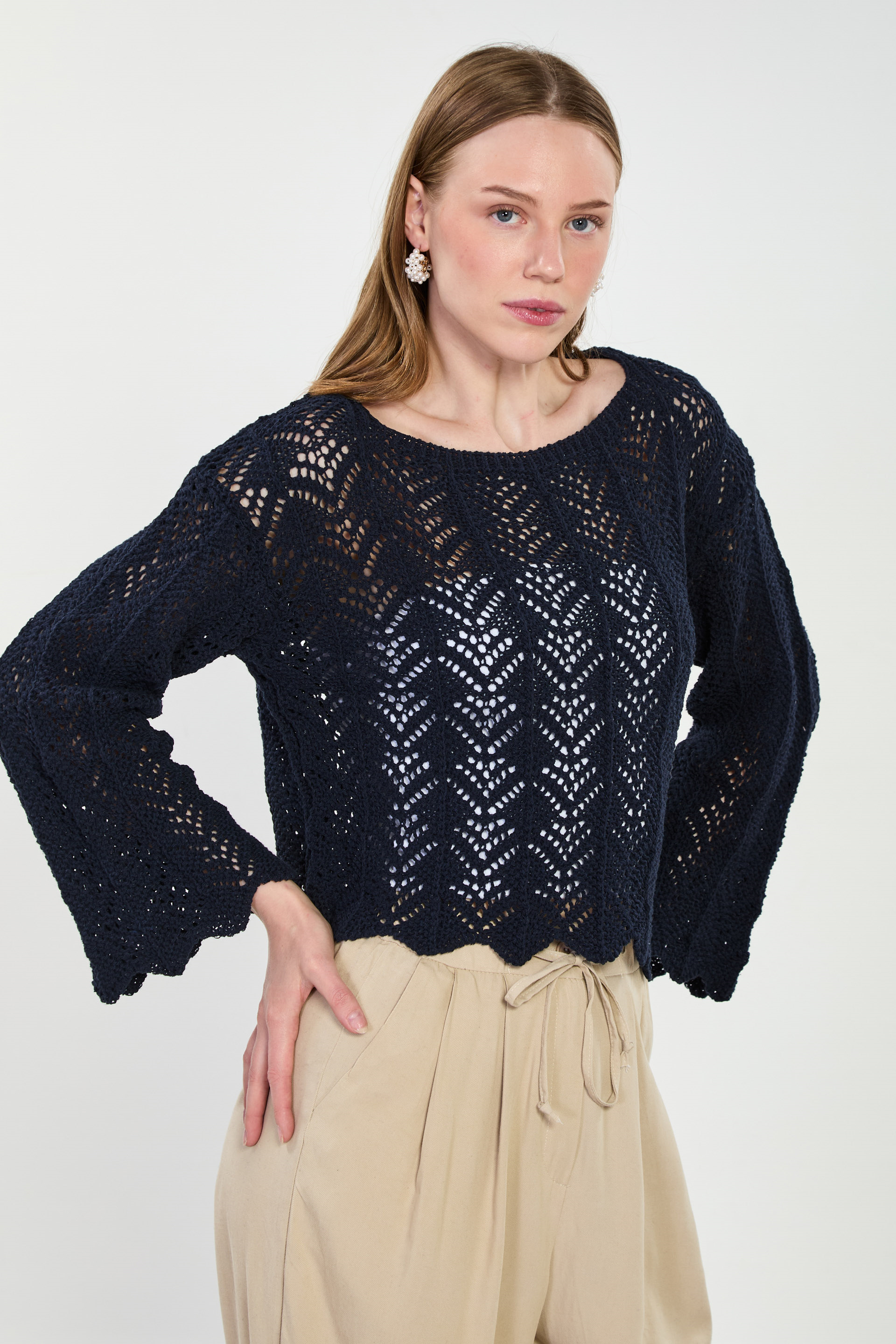 Kadın Geniş Kol Ajurlu Kazak - Lacivert