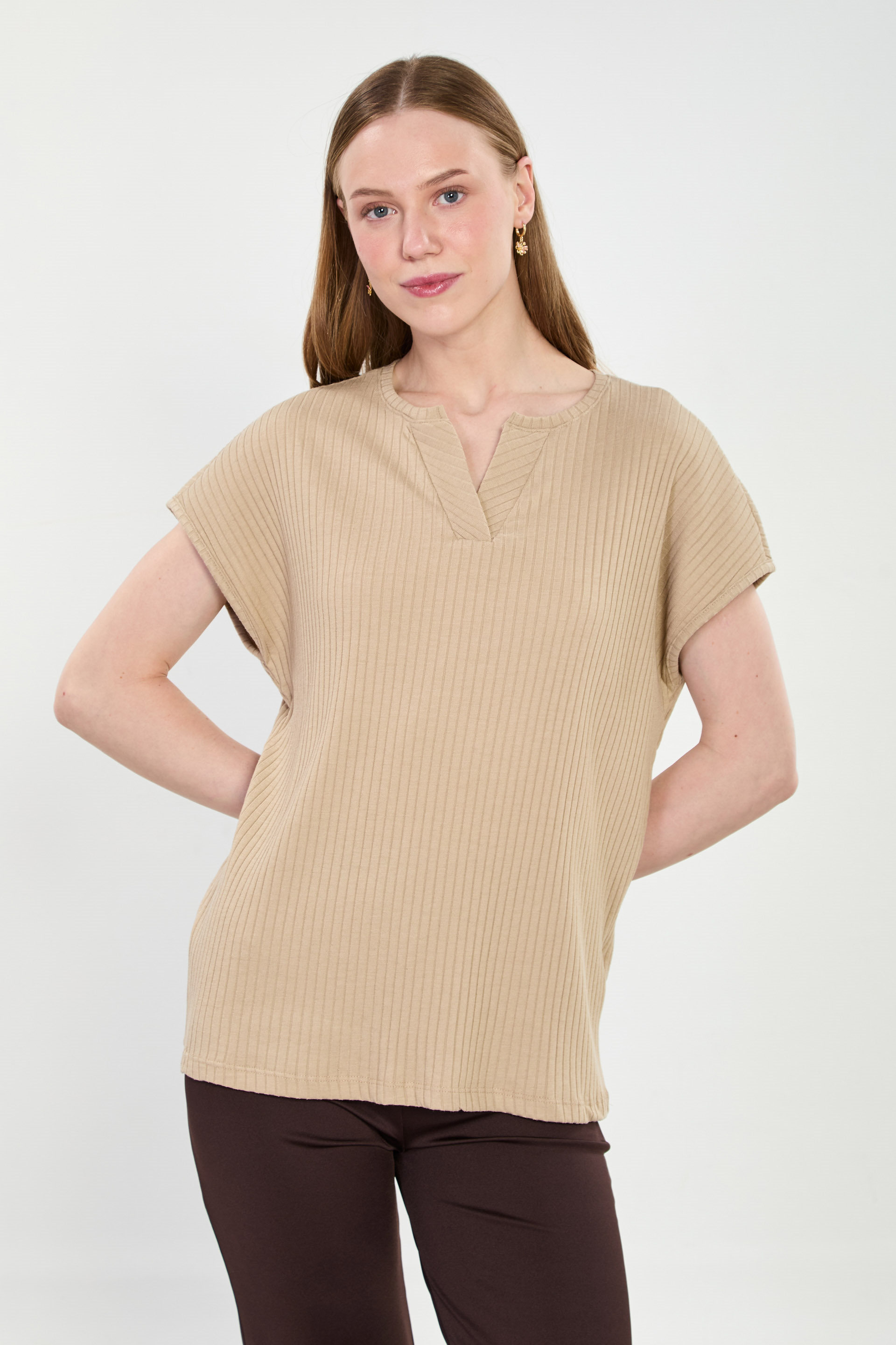 Kadın V Yaka Kısa Kollu Fitilli T-Shirt - Taş