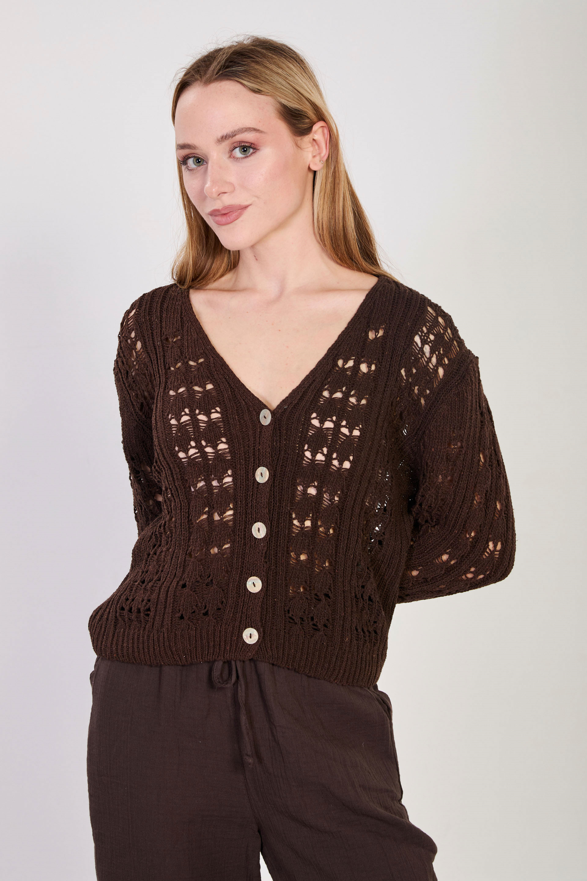 Kadın İspanyol Kol Ajurlu Hırka - Acı Kahve